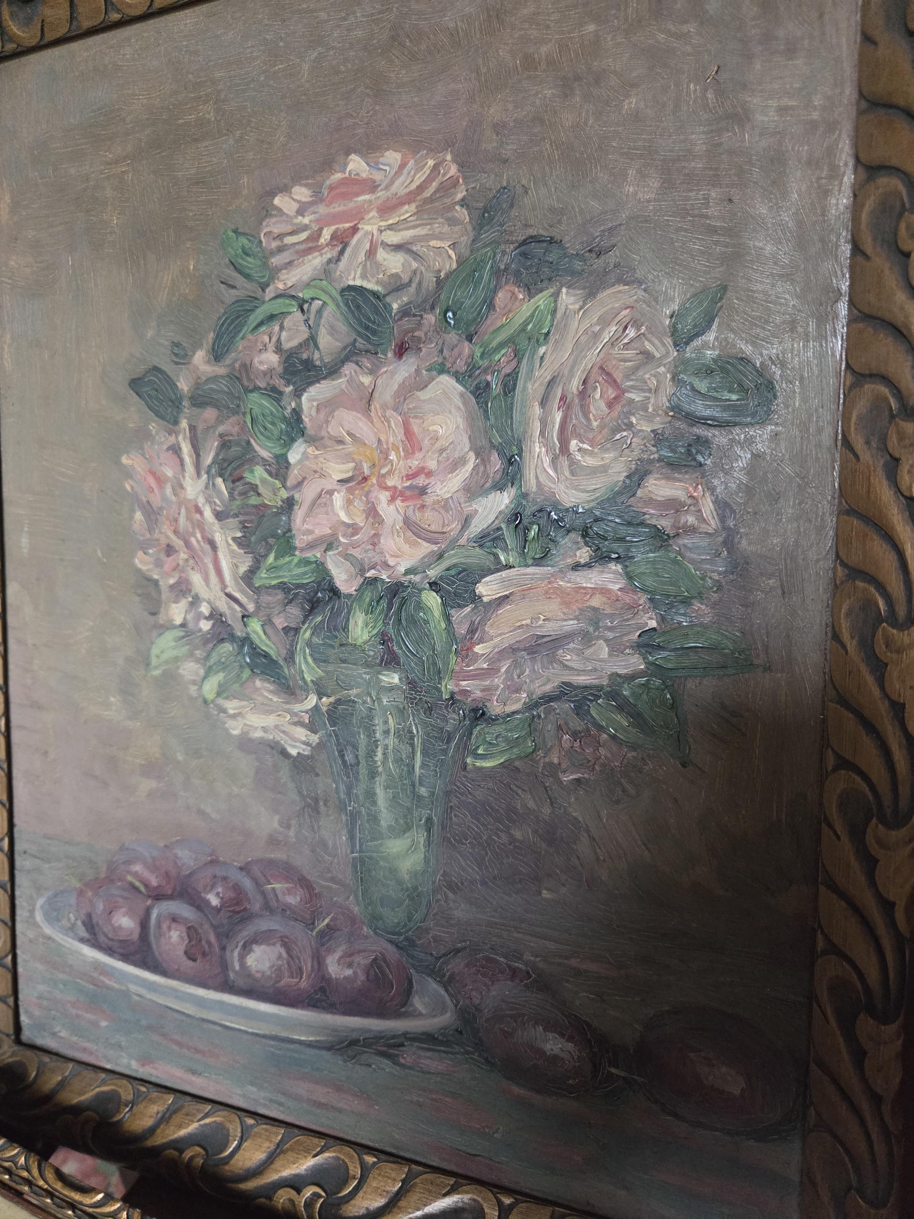 Set van drie diverse schilderijen: een boslandschap, een bloemstilleven met rozen en een dorpsgezicht in de sneeuw – Lot 158 – foto 4 – kavel bij Goeiendeal, Jette