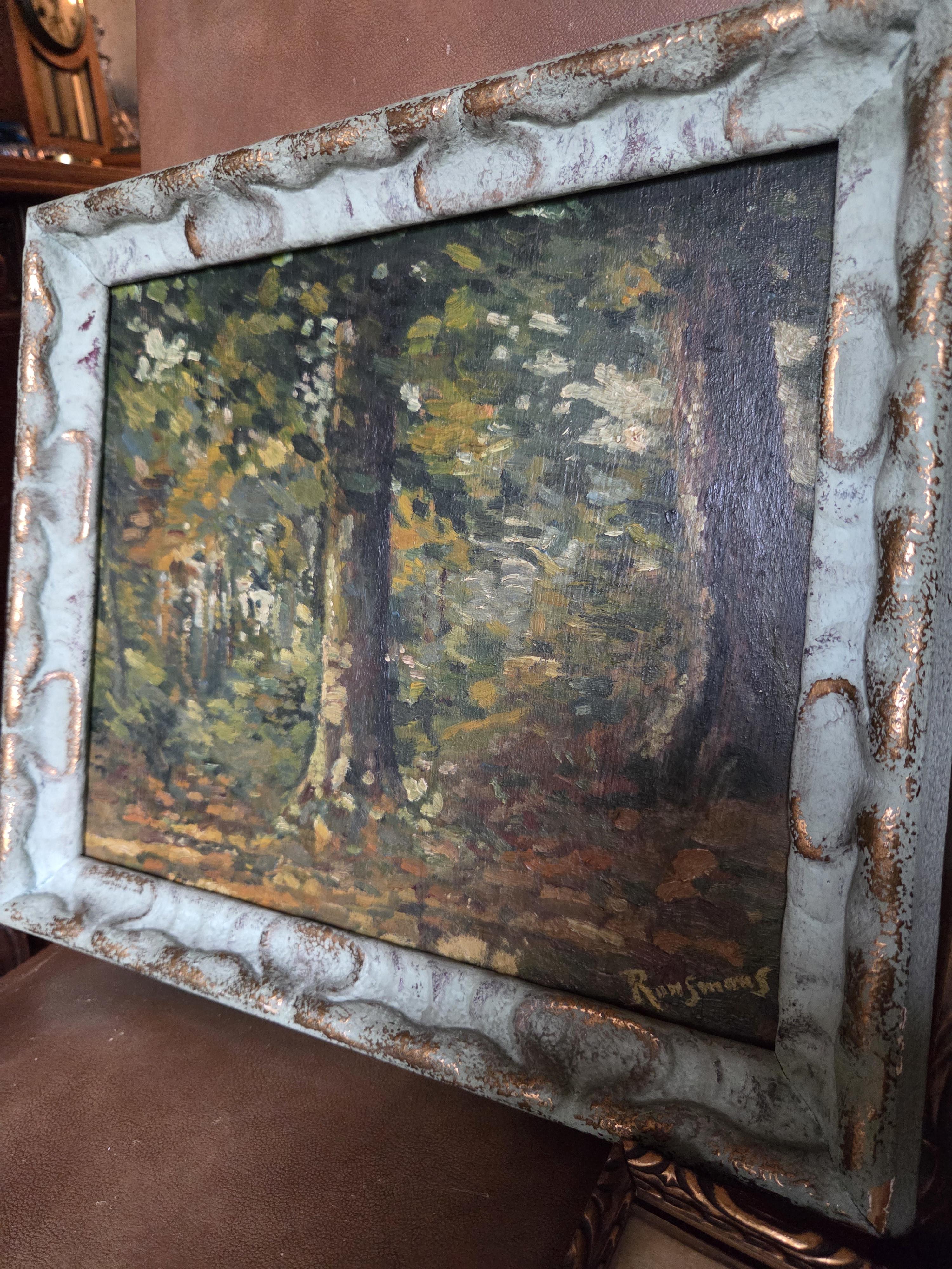 Set van drie diverse schilderijen: een boslandschap, een bloemstilleven met rozen en een dorpsgezicht in de sneeuw – Lot 158 – foto 5 – kavel bij Goeiendeal, Jette