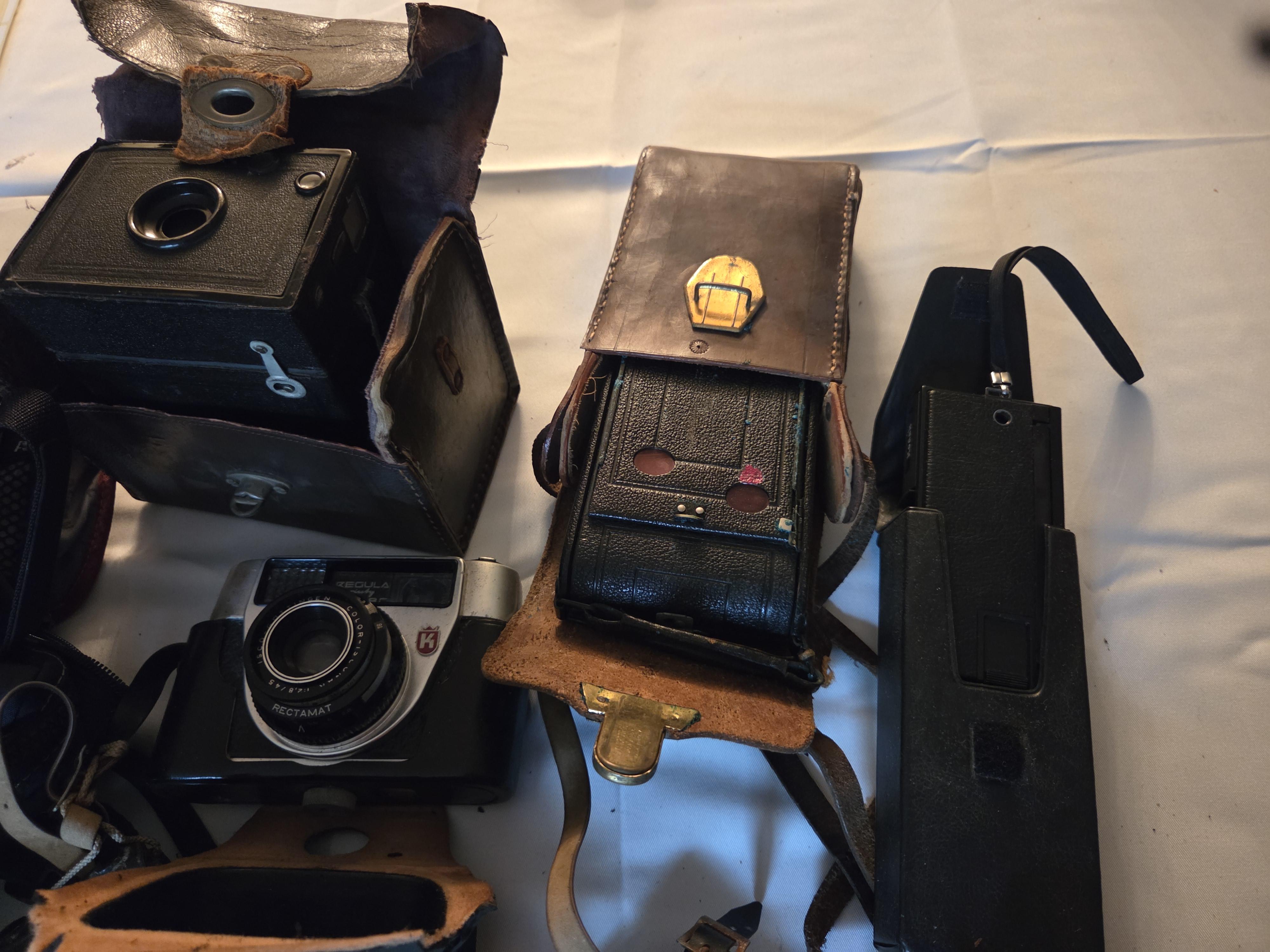 Grote verzameling vintage fototoestellen en camera's, waaronder diverse analoge modellen, boxcamera's en bijbehorende lederen draagtassen – Lot 161 – foto 5 – kavel bij Goeiendeal,