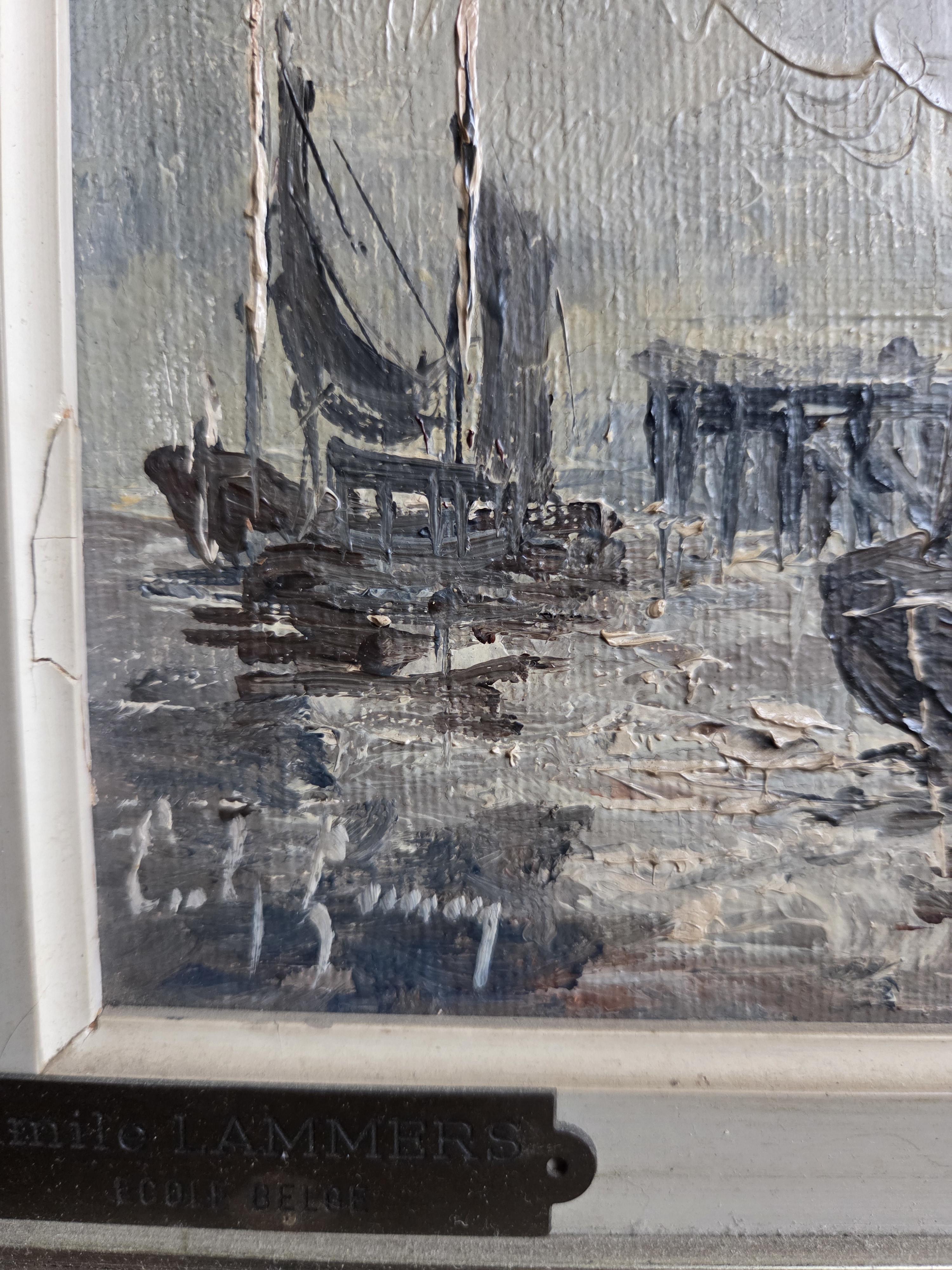Schilderij van vissersboten op een onstuimige zee bij een houten staketsel, gesigneerd door Emile Lammers – Lot 162 – foto 2 – kavel bij Goeiendeal, Jette