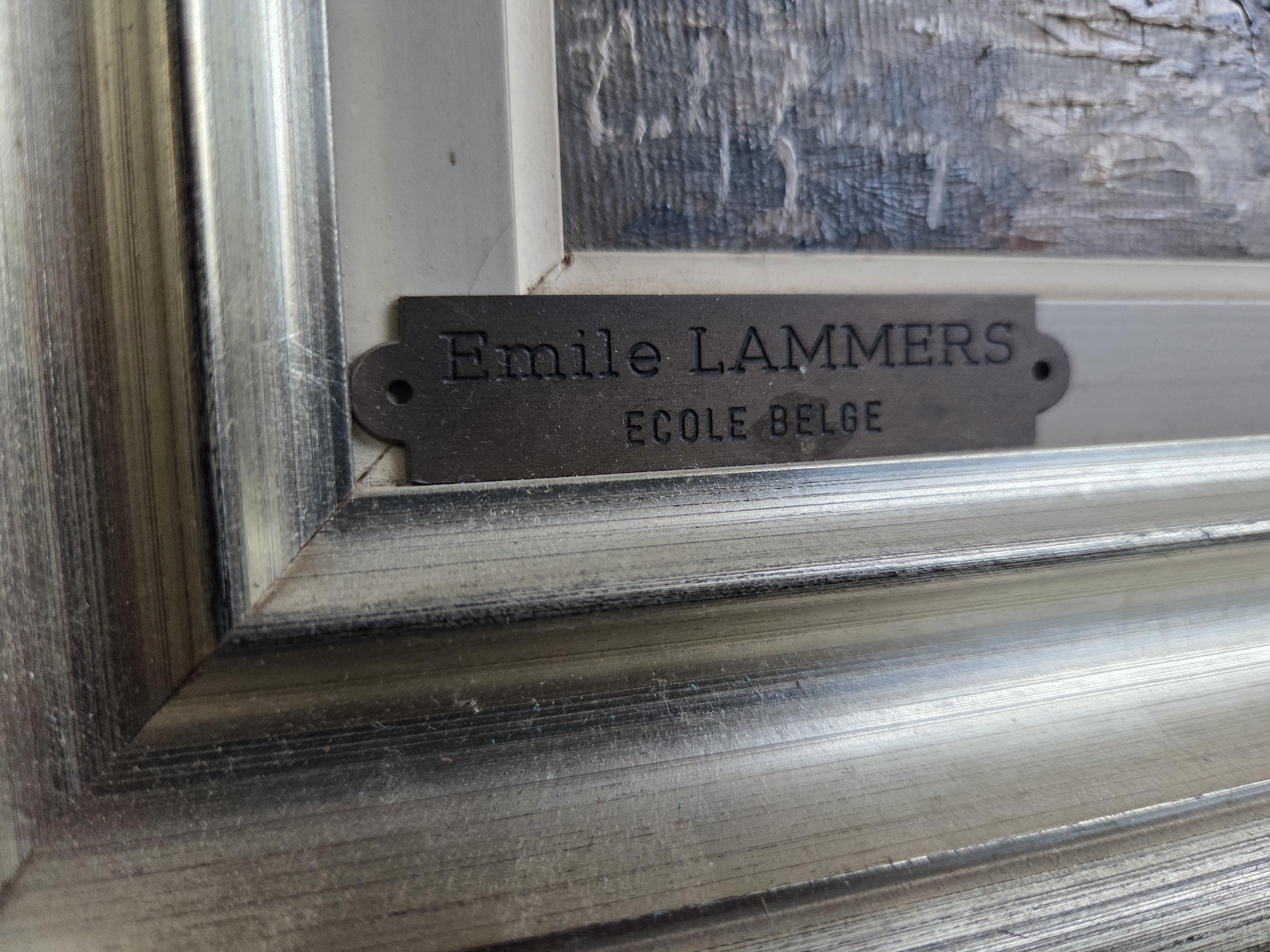 Schilderij van vissersboten op een onstuimige zee bij een houten staketsel, gesigneerd door Emile Lammers – Lot 162 – foto 3 – kavel bij Goeiendeal, Jette