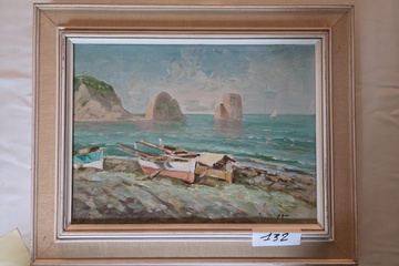 Afbeelding van Schilderij van een kustlandschap met vissersboten op het strand en rotspartijen in zee, gesigneerd C. Cappa – Lot 132