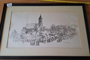 Afbeelding van pentekening in kader gesigneerd