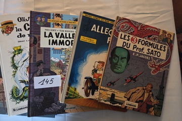 Afbeelding van Vier diverse stripboeken, waaronder titels van Blake en Mortimer (La Vallée Immortelle, Les 3 Formules du Prof. Sato) en Marc Lebut – Lot 145