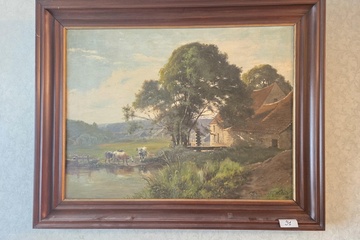 Afbeelding van Schilderij met landelijk tafereel van koeien bij het water en een hoeve, gesigneerd G. Worland (1897) – Lot 91