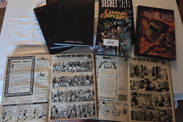 Afbeelding van Kavel stripboeken en graphic novels met Marvel/DC uitgaven waaronder Civil War, Secret War Cosmic Odyssey en Terreurs Noires, inclusief oude krantenknipsels – Lot 146