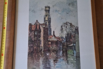 Afbeelding van Tekening Brugge in kader gesigneerd