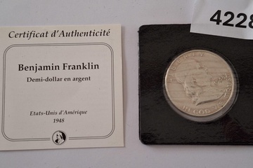 Afbeelding van Zilver munt half Dollar Benjamin Franklin 1948 met certificaat