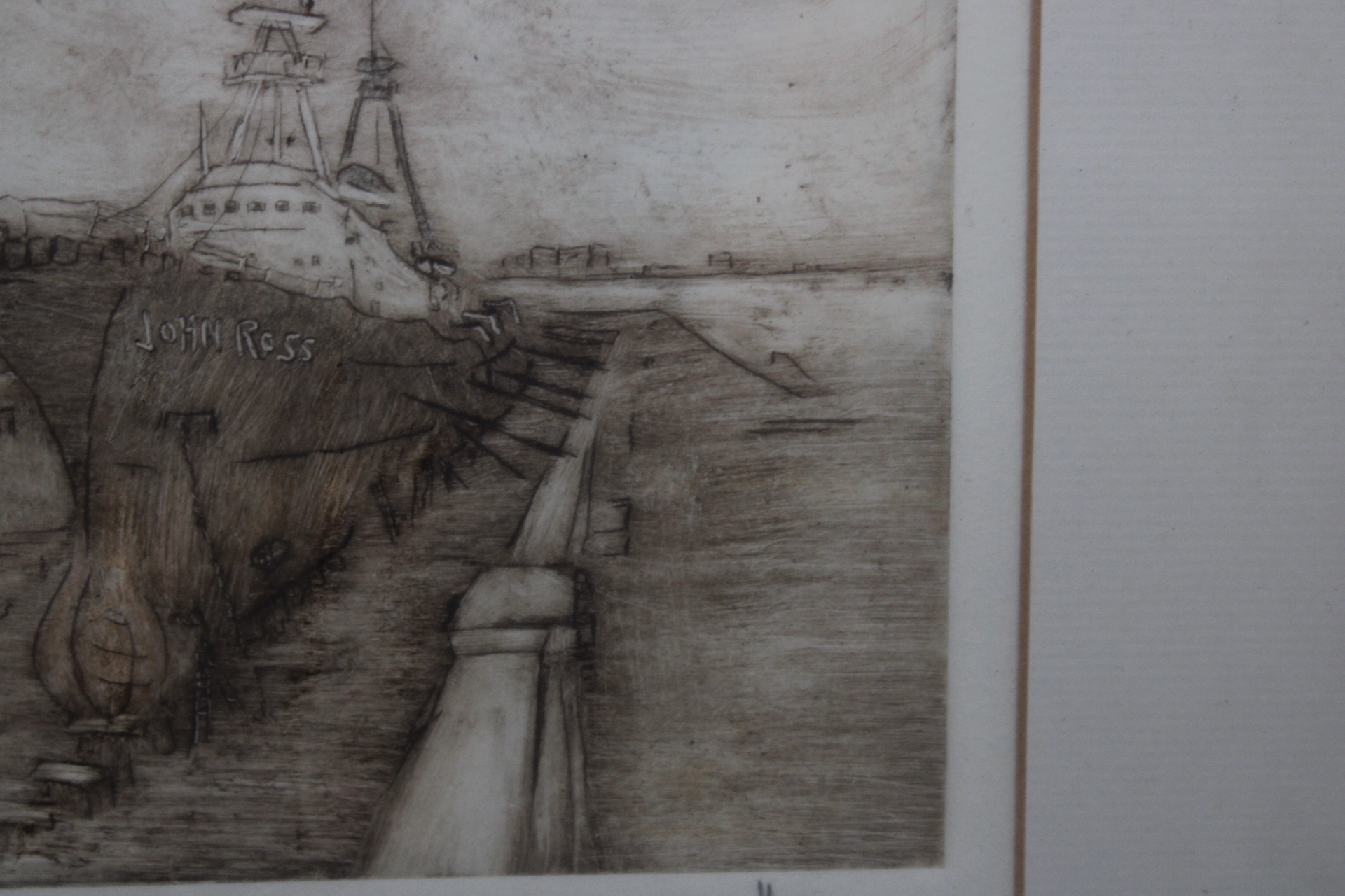 Ingelijste ets van schip in haven – foto 8 – kavel bij GSD Auctions, Zoeterwoude