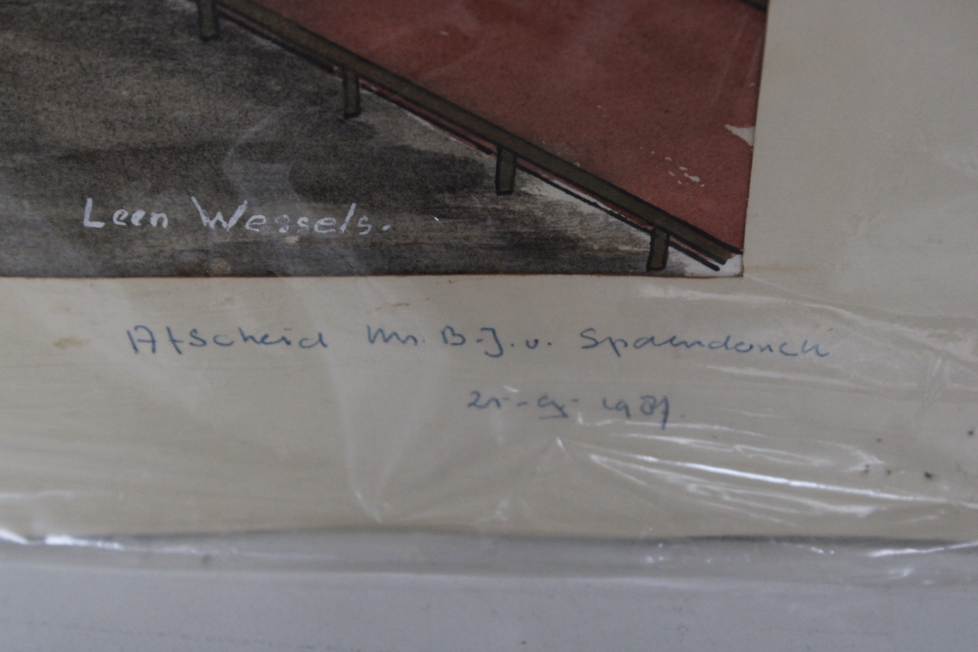 Tekening Interieur met Rode Gordijnen door Leen Weegels – foto 3 – kavel bij GSD Auctions, Zoeterwoude