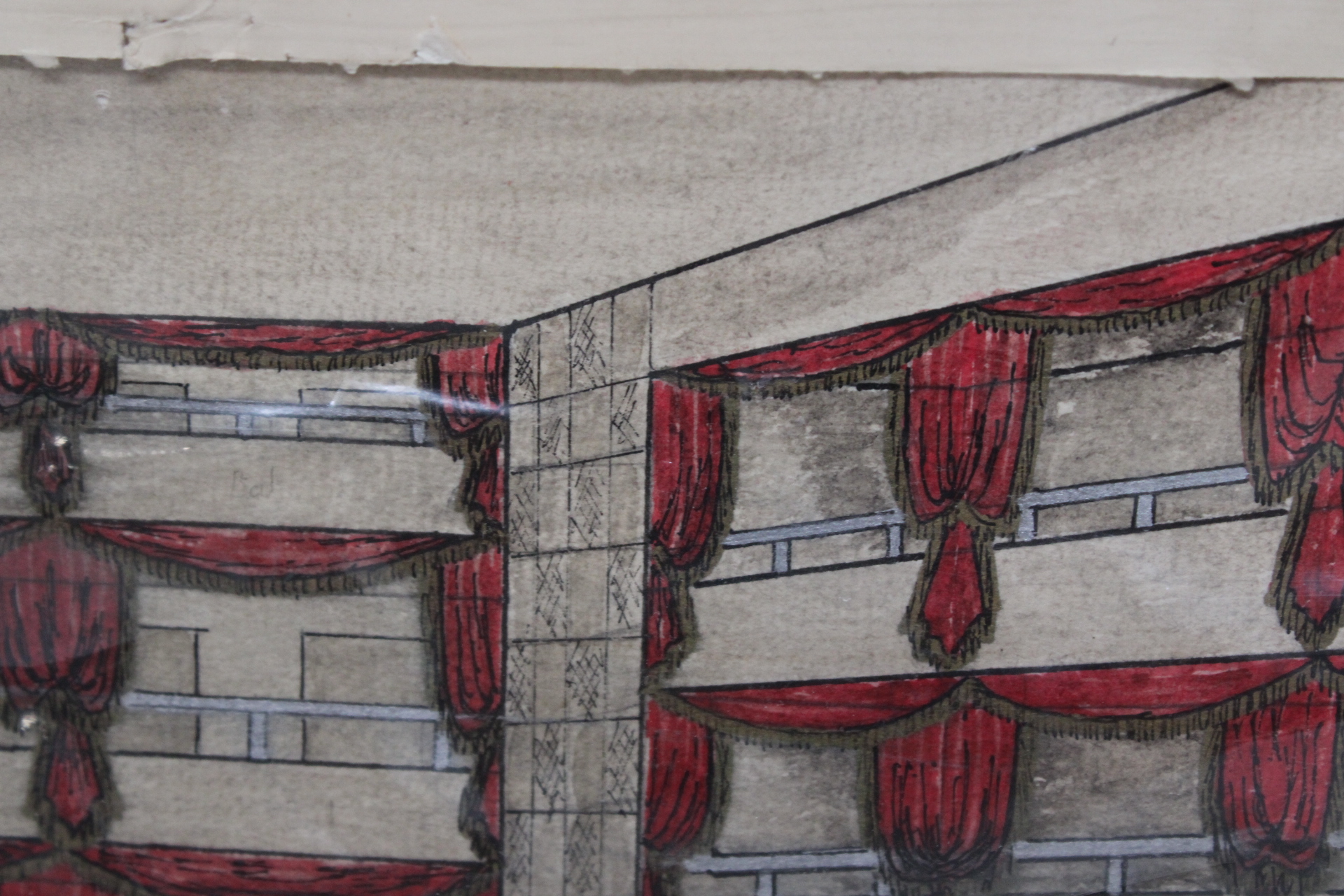 Tekening Interieur met Rode Gordijnen door Leen Weegels – foto 8 – kavel bij GSD Auctions, Zoeterwoude