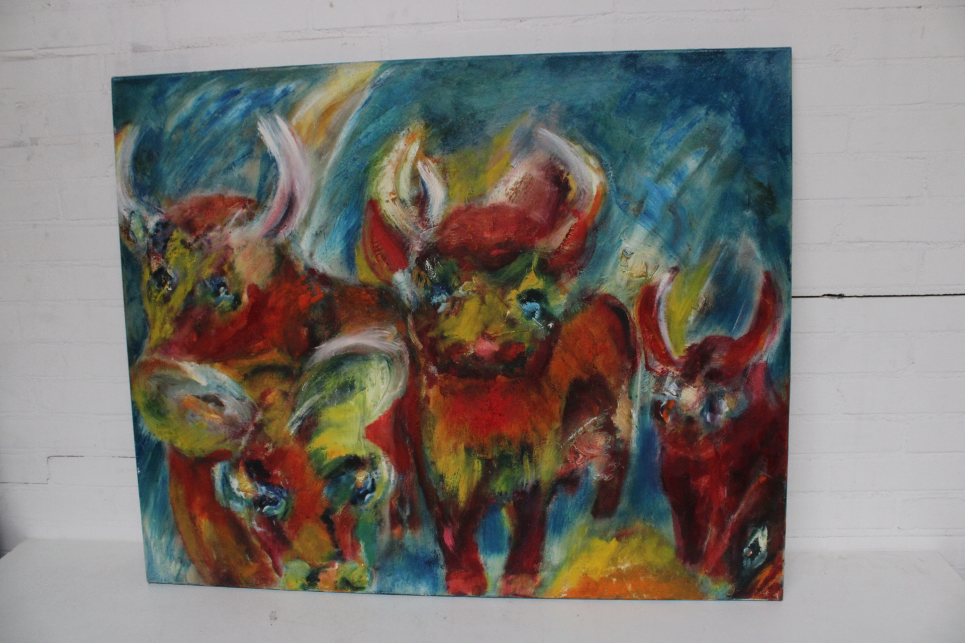 Schilderij met afbeelding van vier stieren – foto 2 – kavel bij GSD Auctions, Zoeterwoude