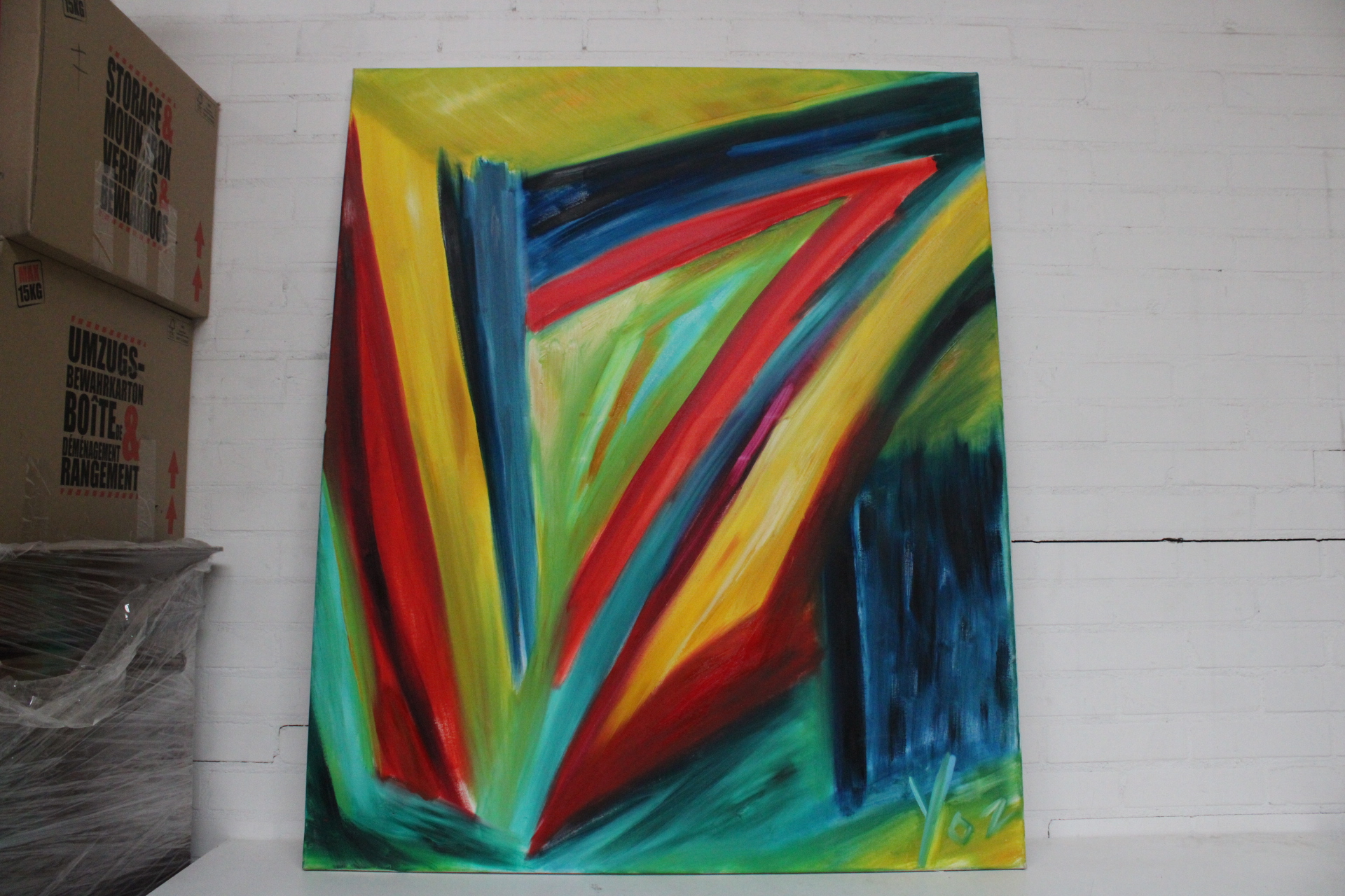 Abstract schilderij met gekleurde driehoeken – foto 2 – kavel bij GSD Auctions, Zoeterwoude
