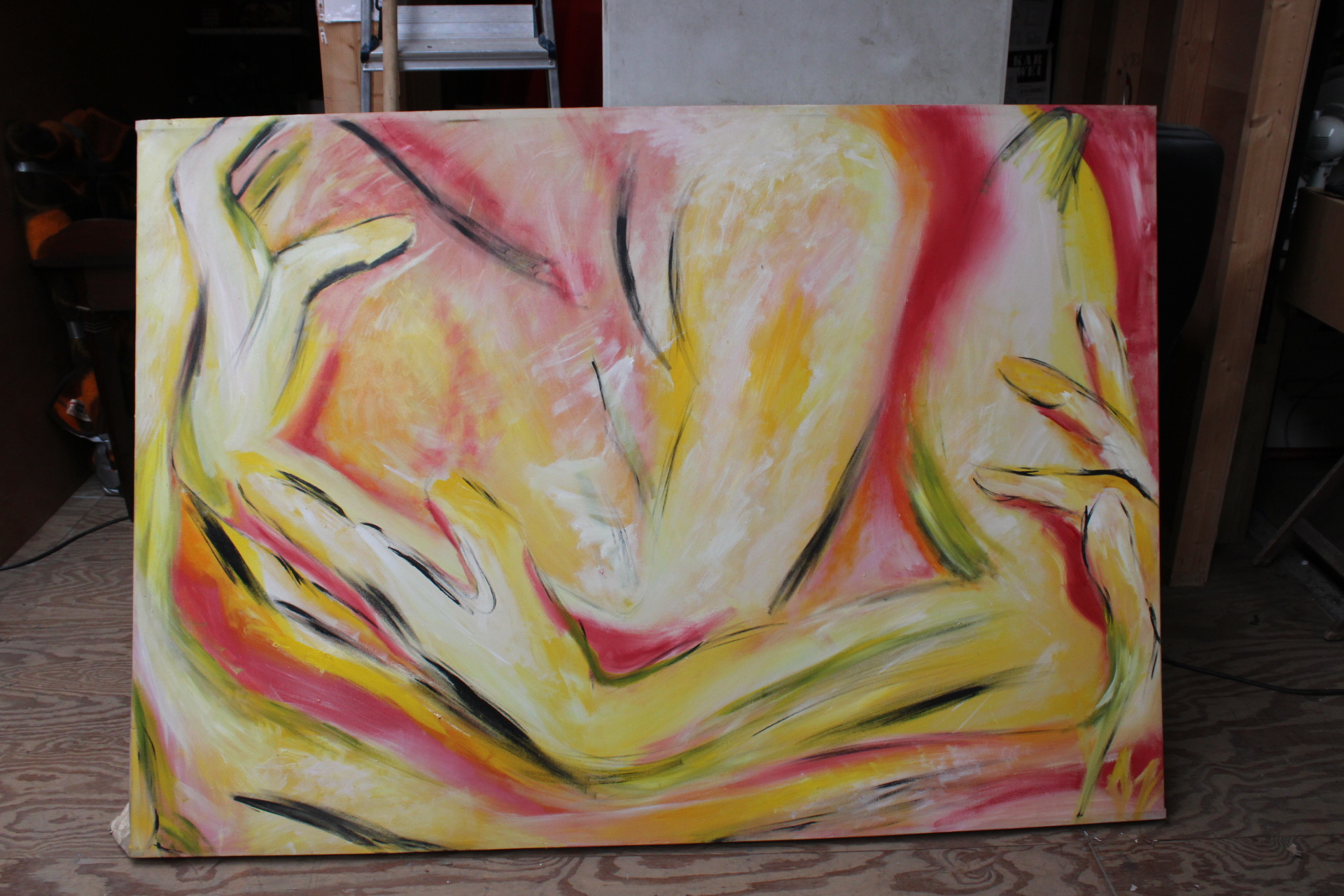 Modern schilderij met abstracte gele en rode handen – foto 2 – kavel bij GSD Auctions, Zoeterwoude