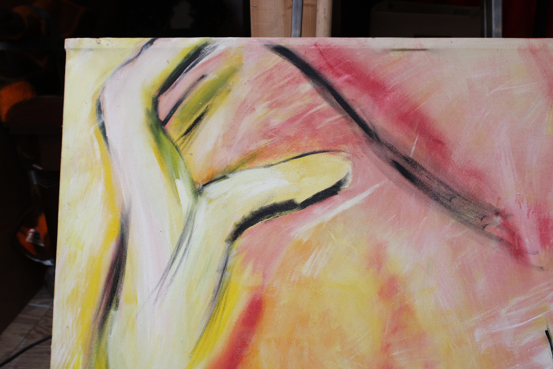 Modern schilderij met abstracte gele en rode handen – foto 4 – kavel bij GSD Auctions, Zoeterwoude