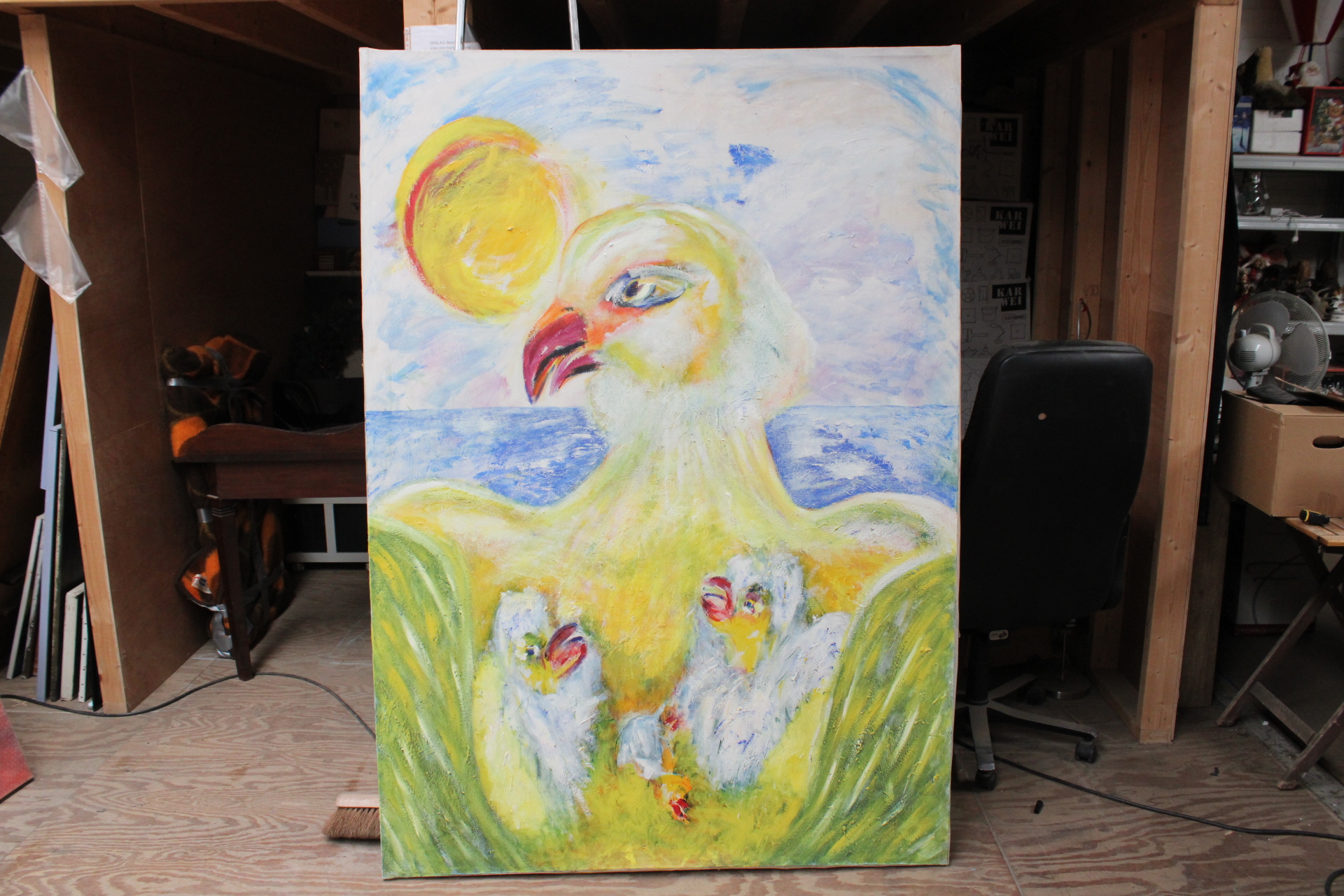 Groot schilderij van vogel met jongen – foto 2 – kavel bij GSD Auctions, Zoeterwoude