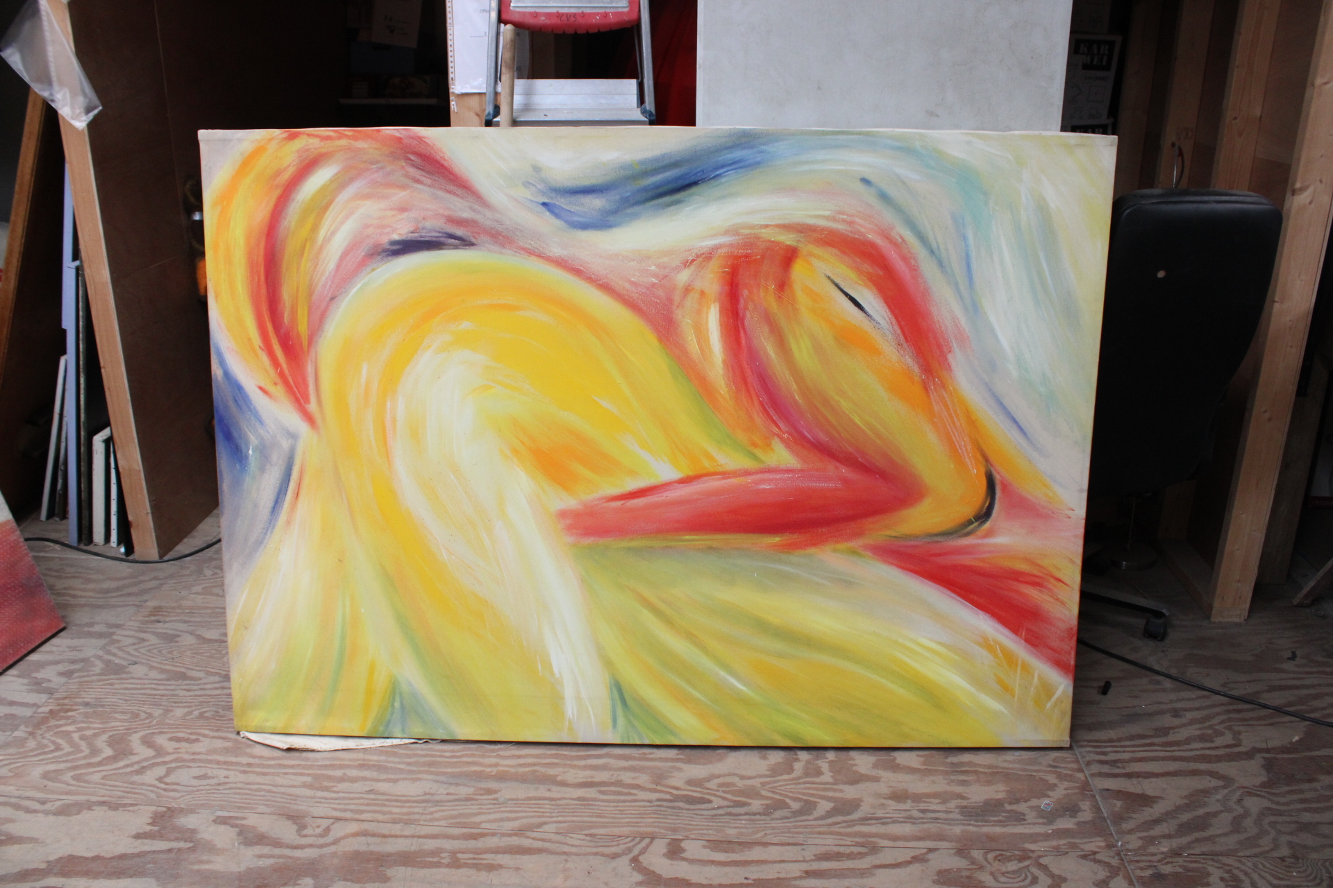 Abstract schilderij in gele, rode en blauwe tinten – foto 2 – kavel bij GSD Auctions, Zoeterwoude
