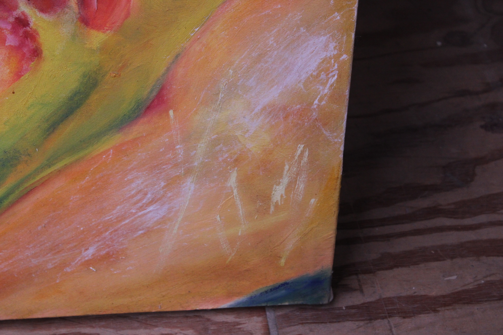 Groot modern kleurenrijk schilderij van een zittende vrouw – foto 3 – kavel bij GSD Auctions, Zoeterwoude