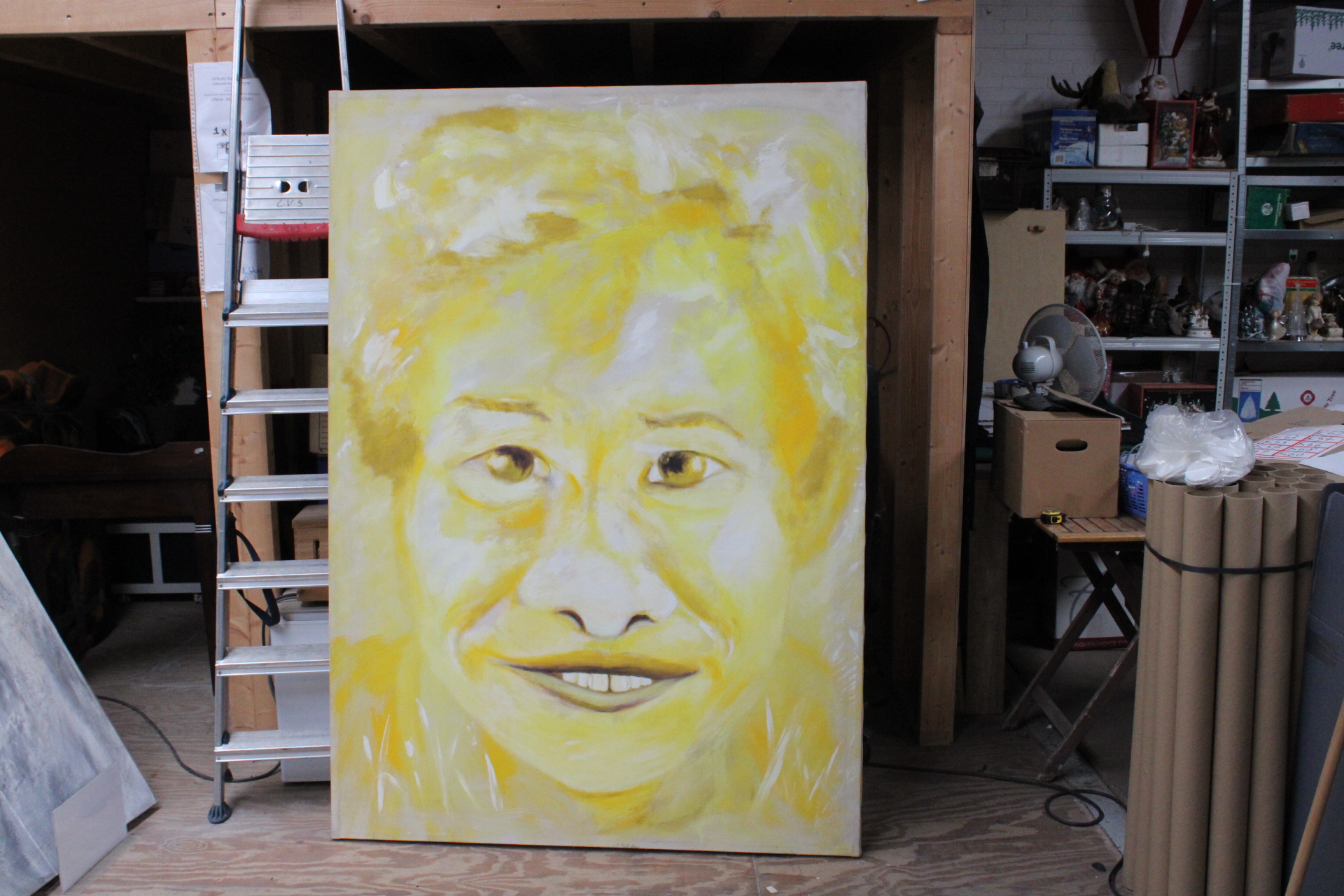 Groot abstract portretschilderij in geel- en wit tinten – foto 2 – kavel bij GSD Auctions, Zoeterwoude