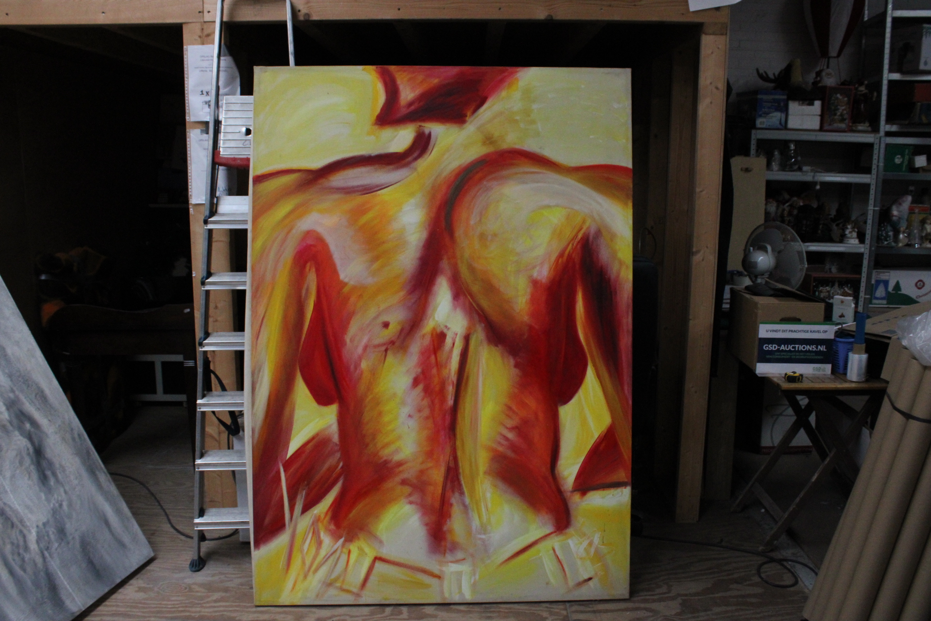 Abstract schilderij met menselijke rug in rood en geel – foto 2 – kavel bij GSD Auctions, Zoeterwoude