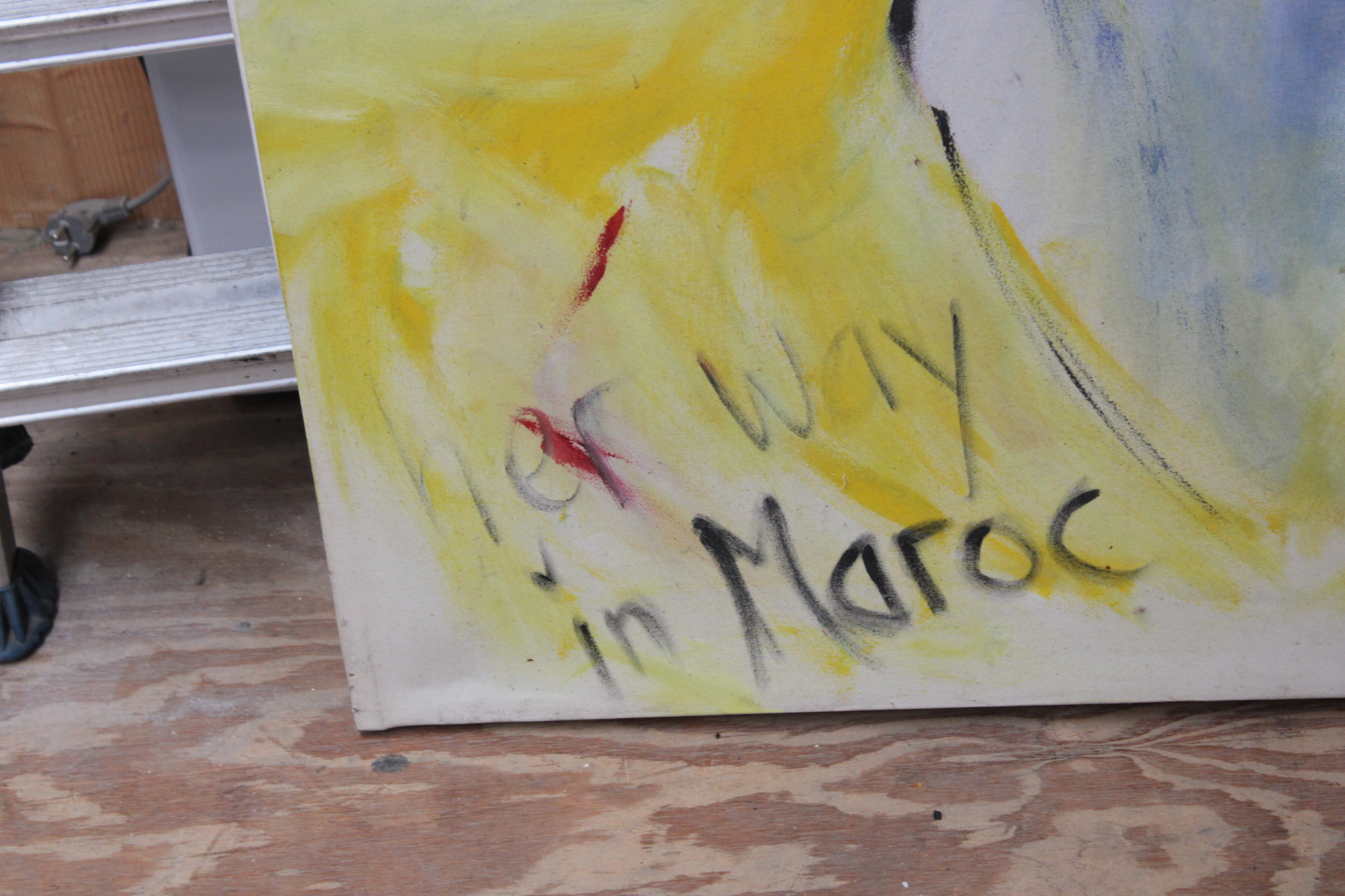 Groot modern schilderij met gezicht en blauwe hoed – foto 4 – kavel bij GSD Auctions, Zoeterwoude