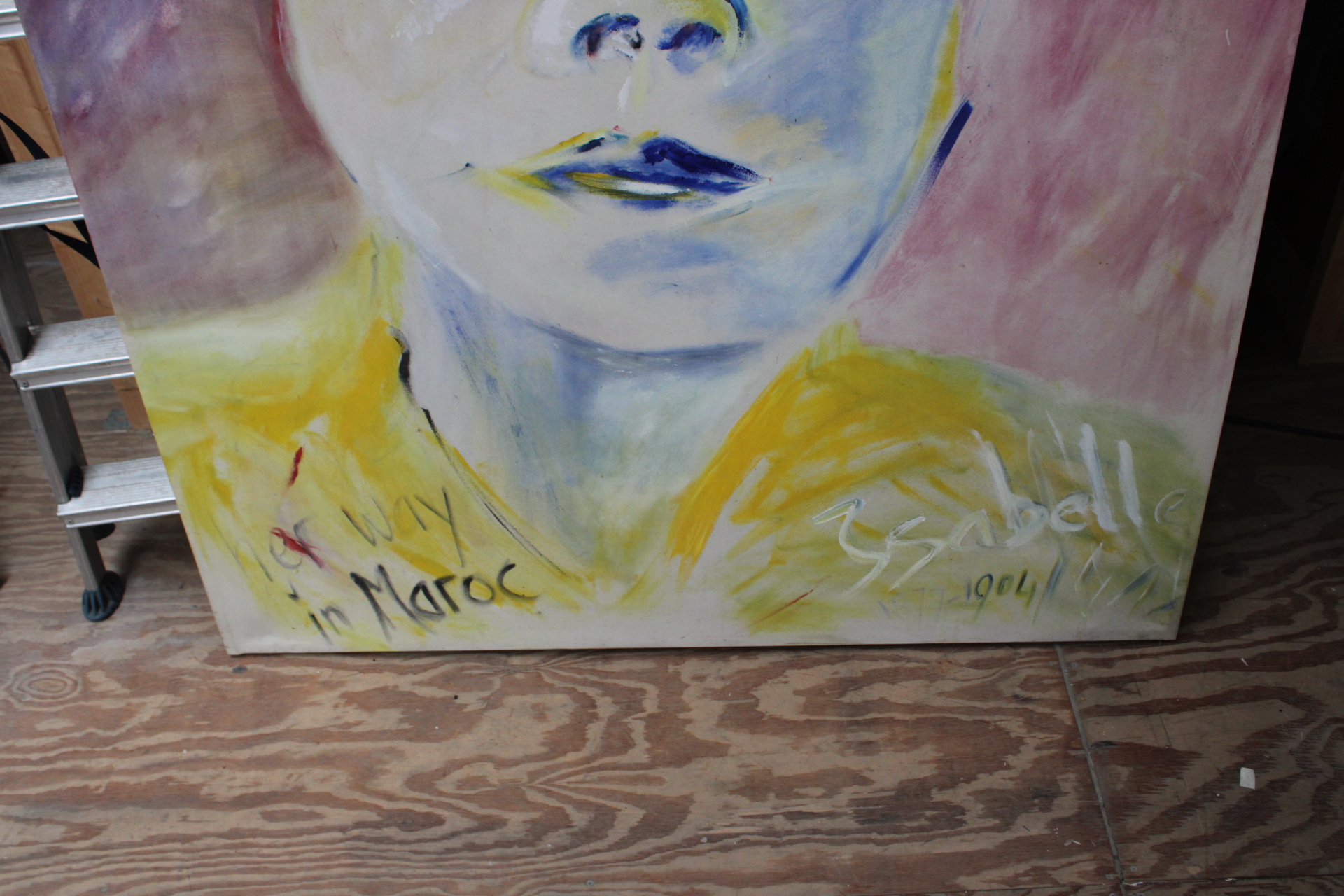 Groot modern schilderij met gezicht en blauwe hoed – foto 7 – kavel bij GSD Auctions, Zoeterwoude