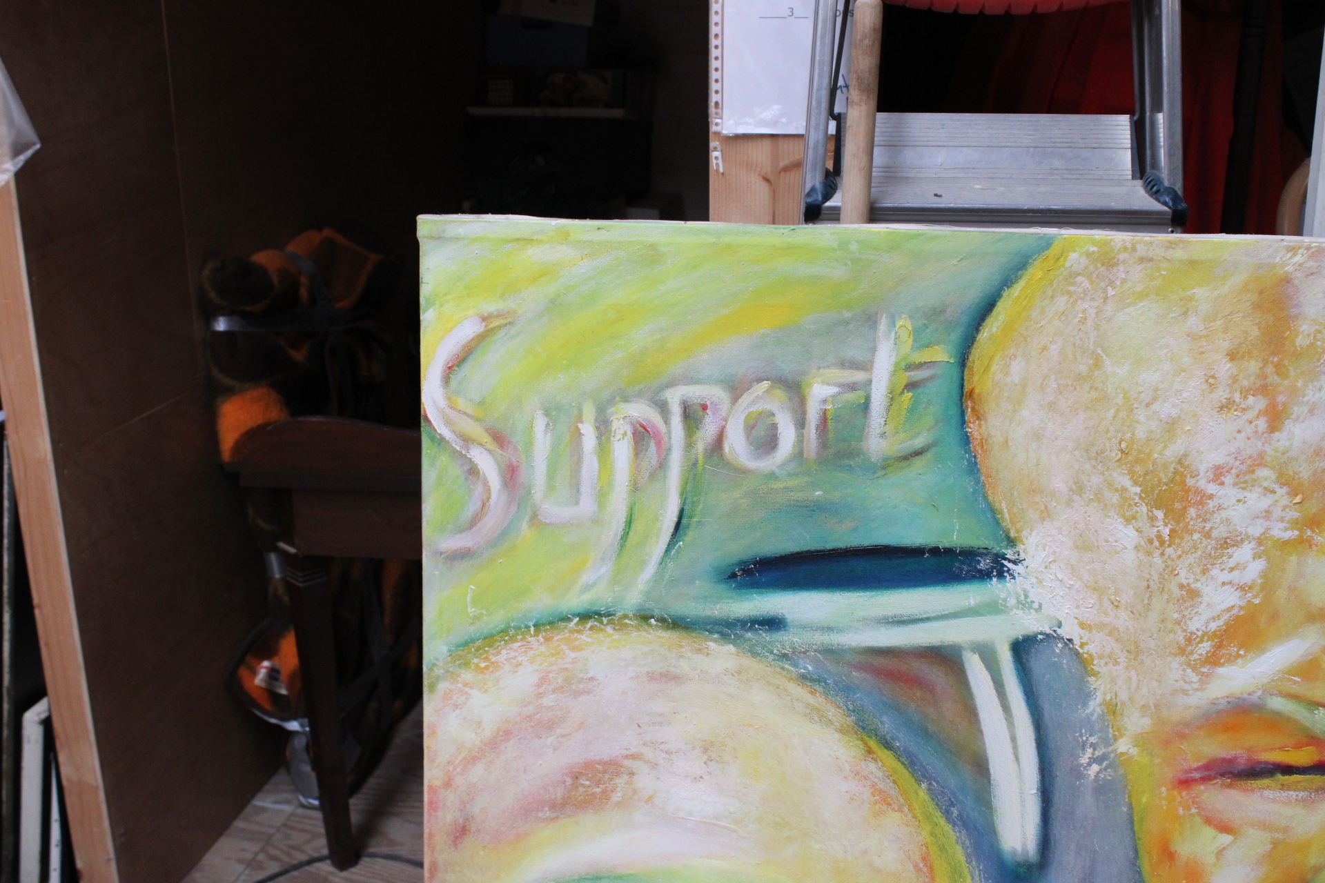 Schilderij met expressieve gezichten en tekst – foto 3 – kavel bij GSD Auctions, Zoeterwoude