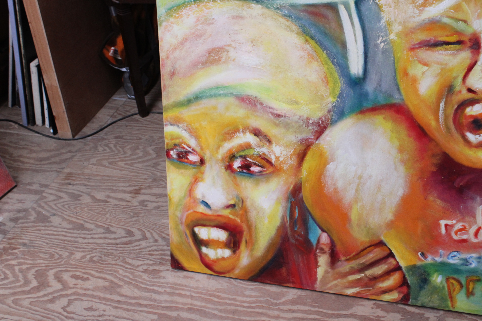 Schilderij met expressieve gezichten en tekst – foto 7 – kavel bij GSD Auctions, Zoeterwoude