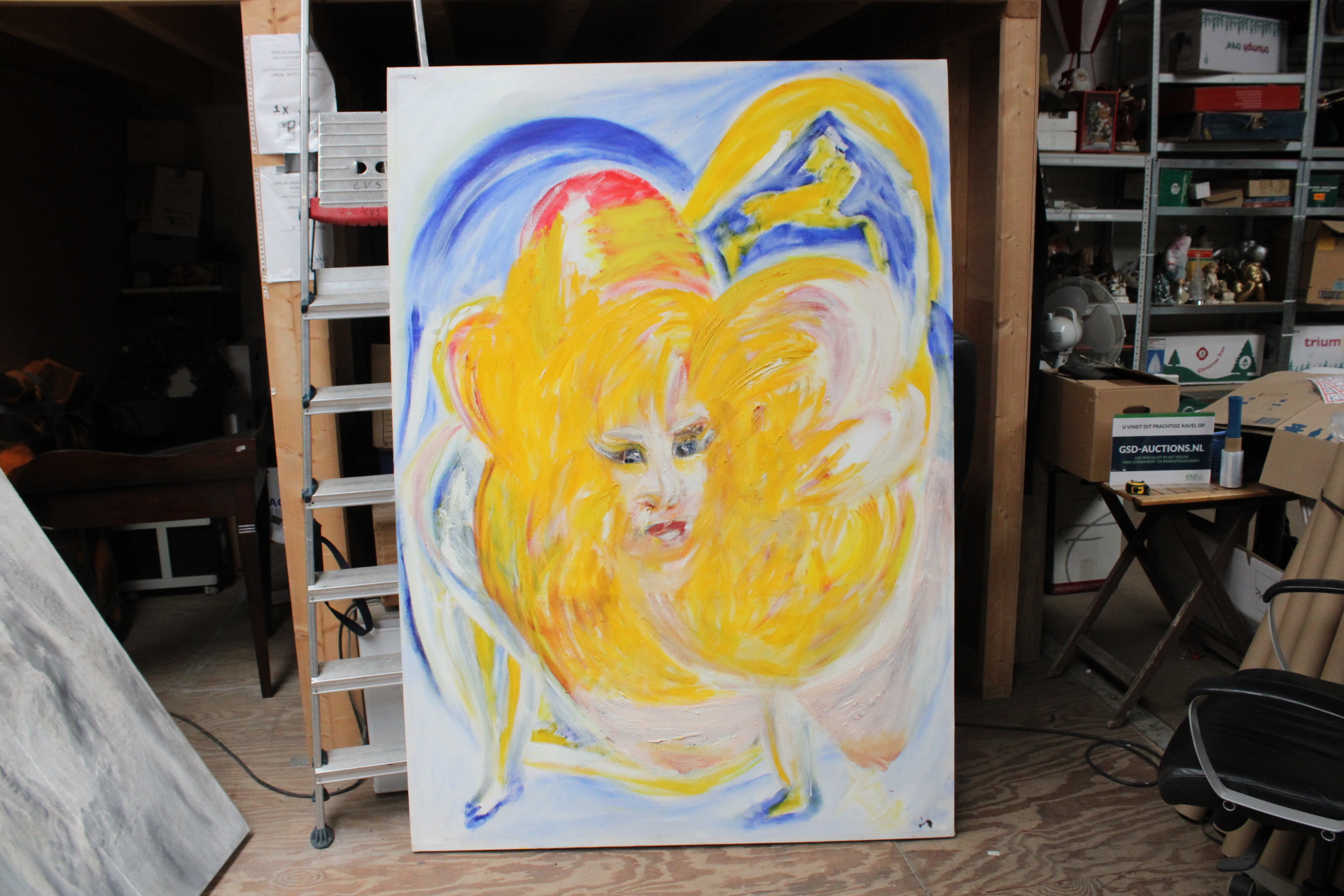 Abstract schilderij vrouwelijk gezicht met gele en blauwe kleuren – foto 2 – kavel bij GSD Auctions, Zoeterwoude