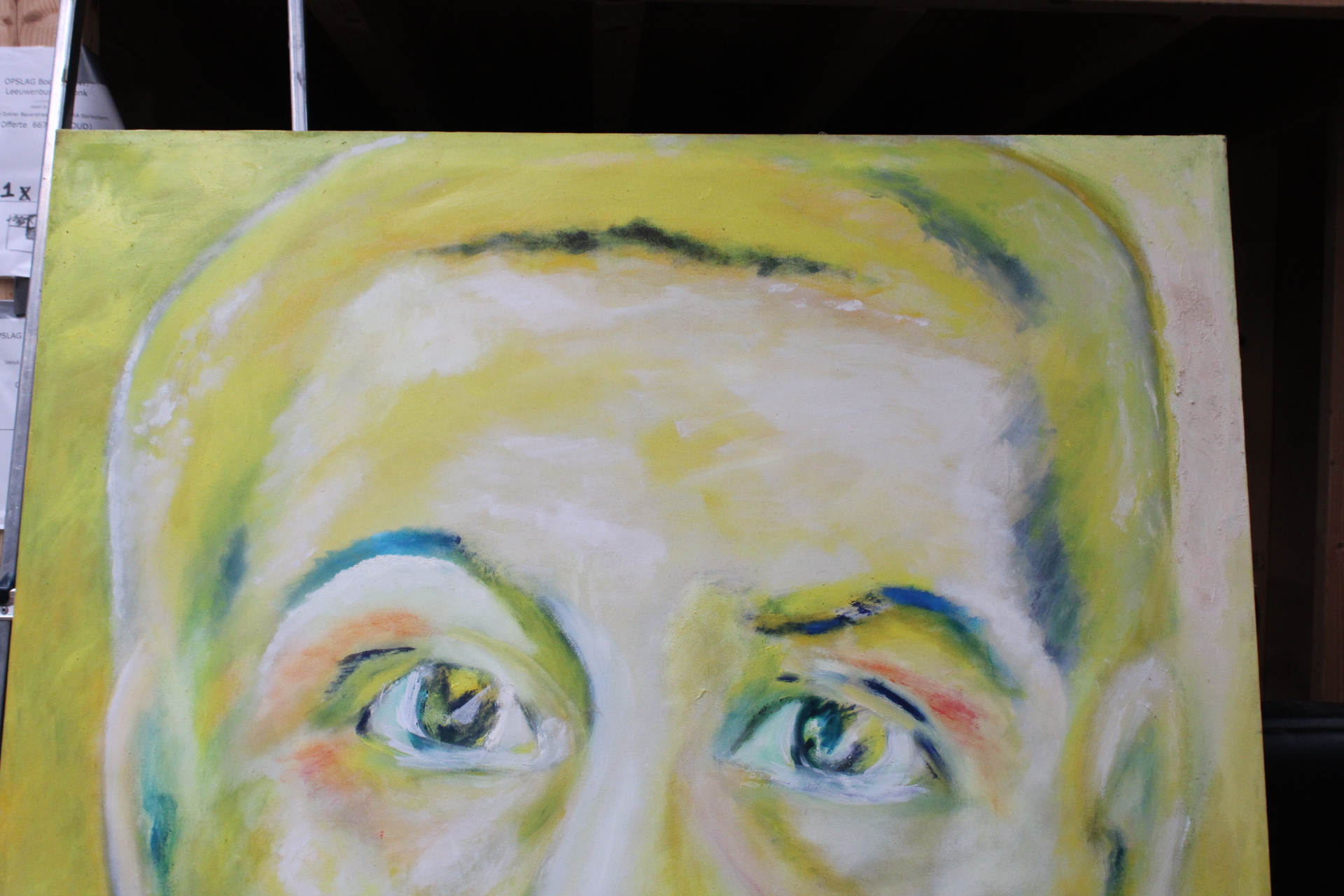 Schilderij groot gezicht met tekst 'What's the question' – foto 6 – kavel bij GSD Auctions, Zoeterwoude