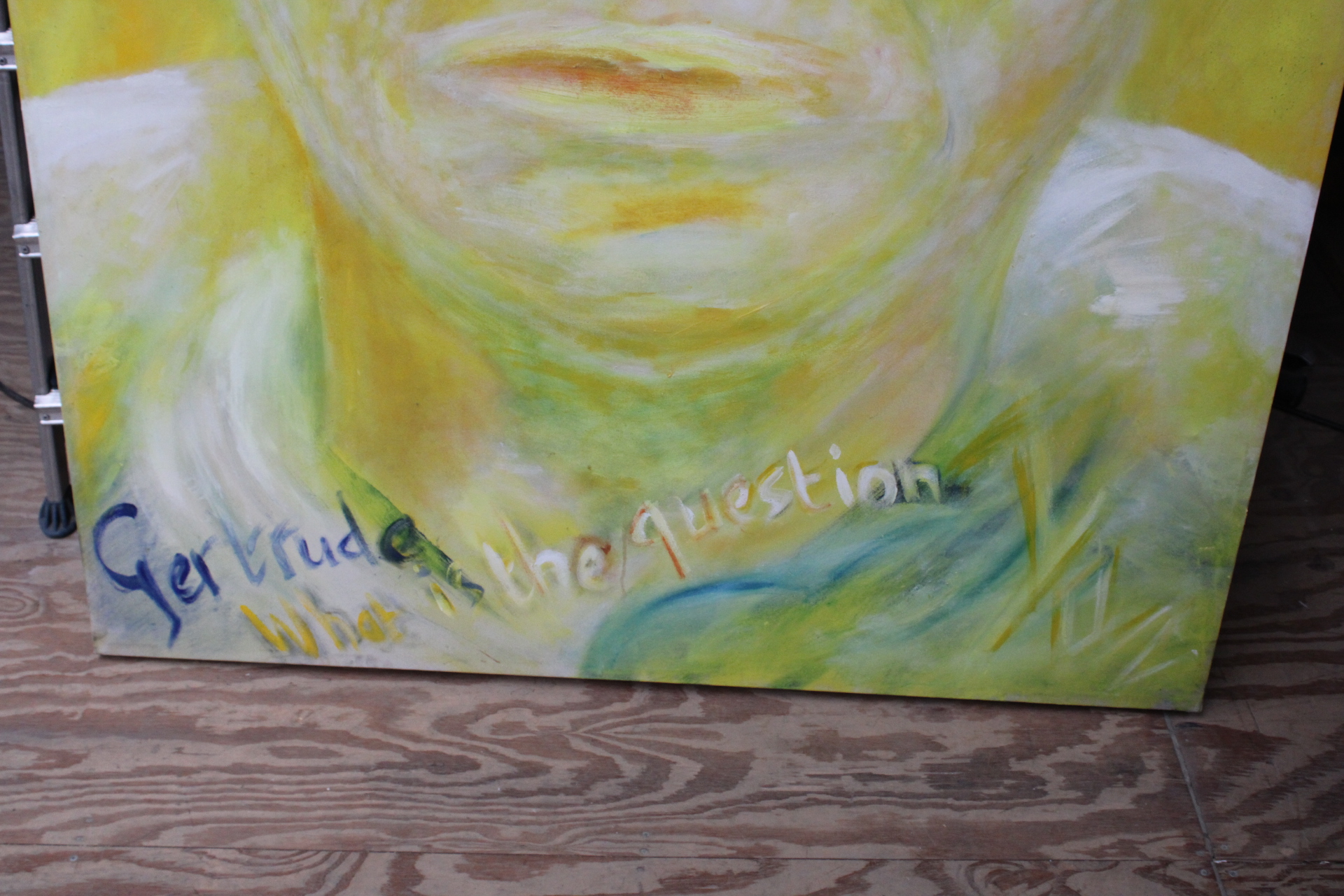 Schilderij groot gezicht met tekst 'What's the question' – foto 8 – kavel bij GSD Auctions, Zoeterwoude