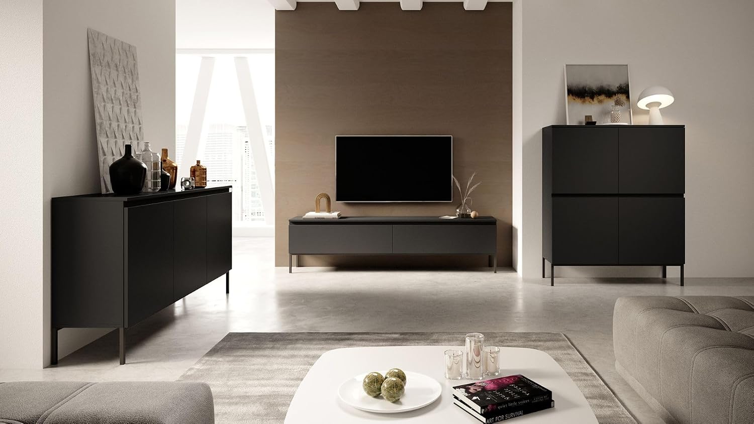 Selsey TV Meubel 150 cm in Zwart met zwarte metalen poten – foto 3 – kavel bij GSD Auctions, Zoeterwoude