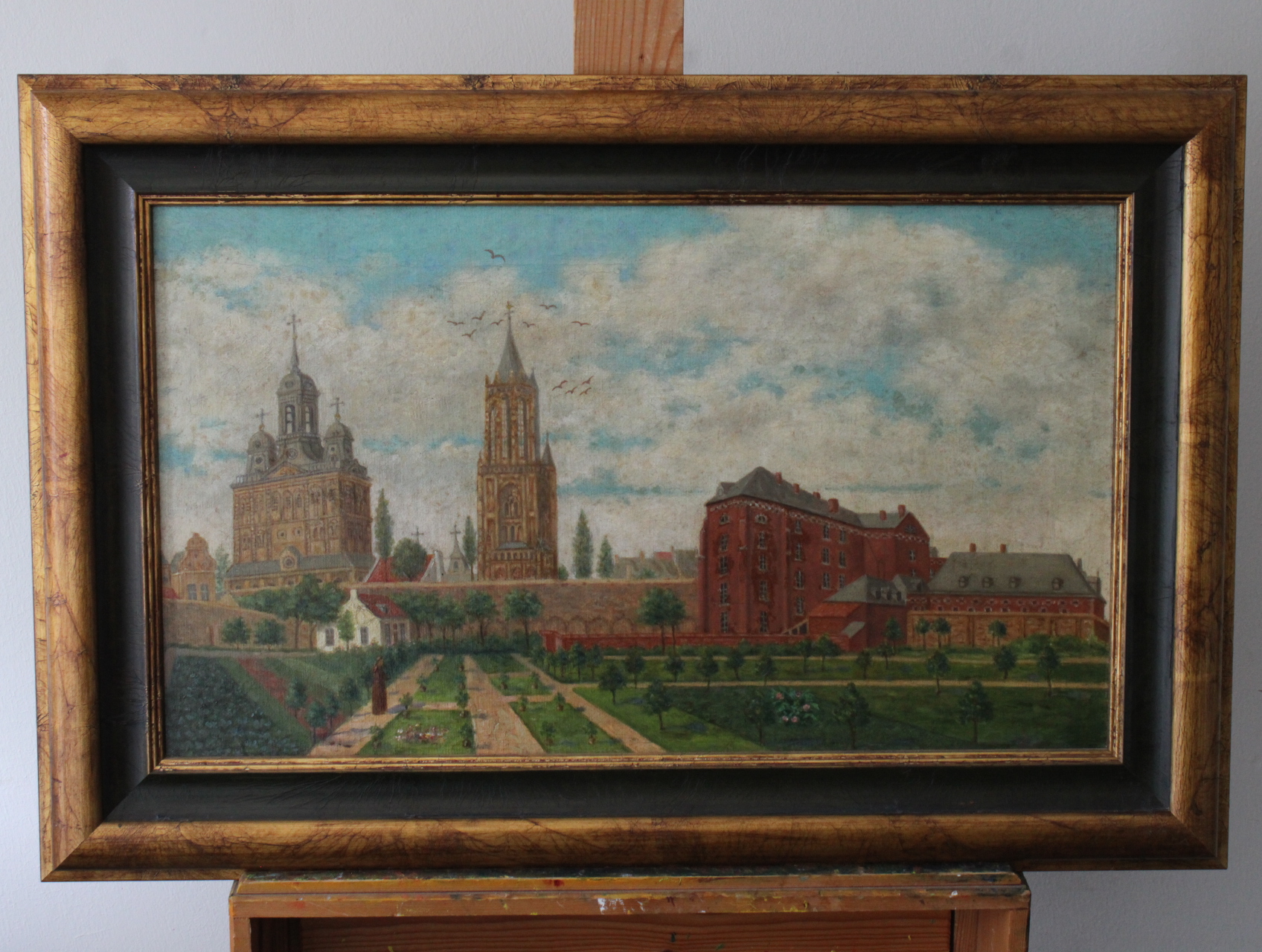 Olieverfschilderij stadsgezicht met torens – kavel bij GSD Auctions, Zoeterwoude