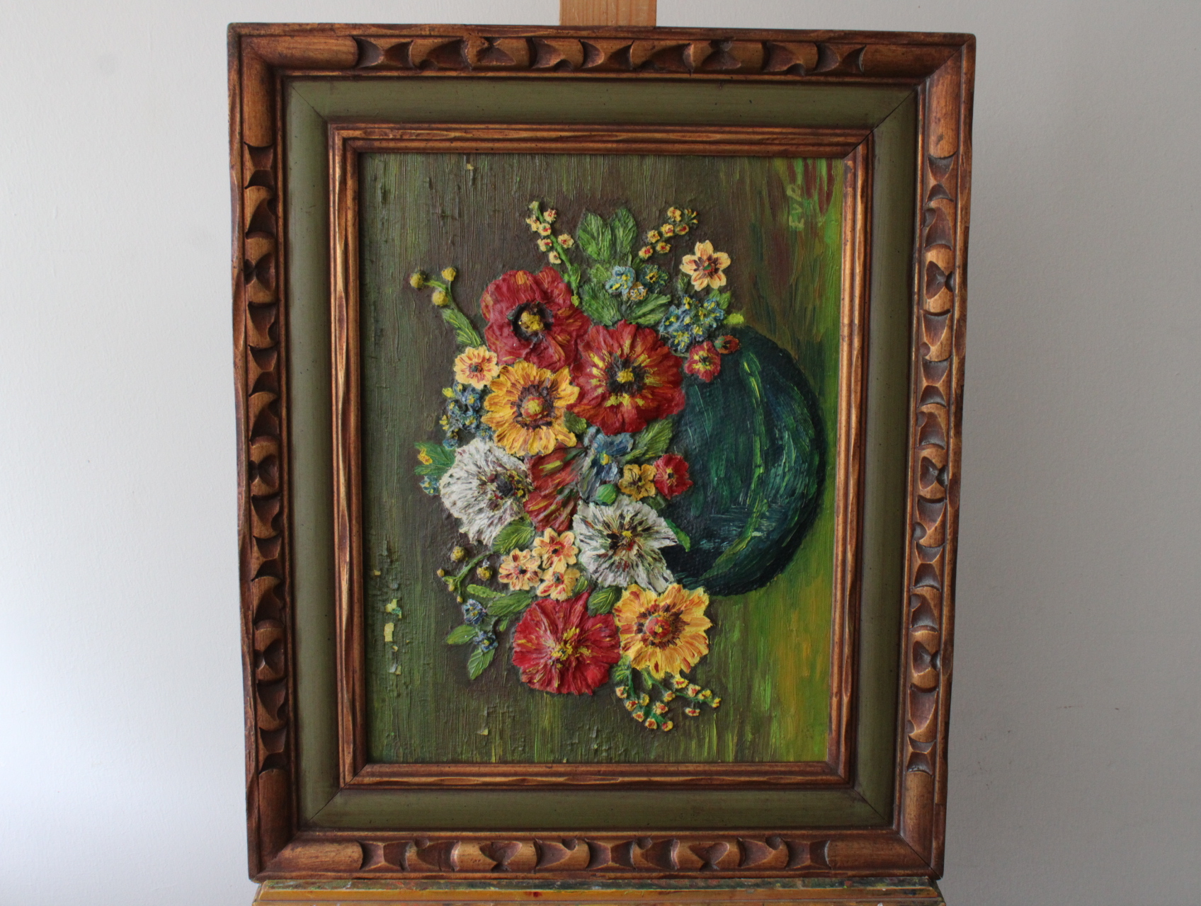 Olieverfschilderij met bloemen in groene vaas – kavel bij GSD Auctions, Zoeterwoude