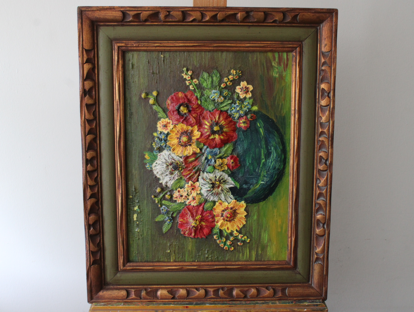 Olieverfschilderij met bloemen in groene vaas – foto 2 – kavel bij GSD Auctions, Zoeterwoude