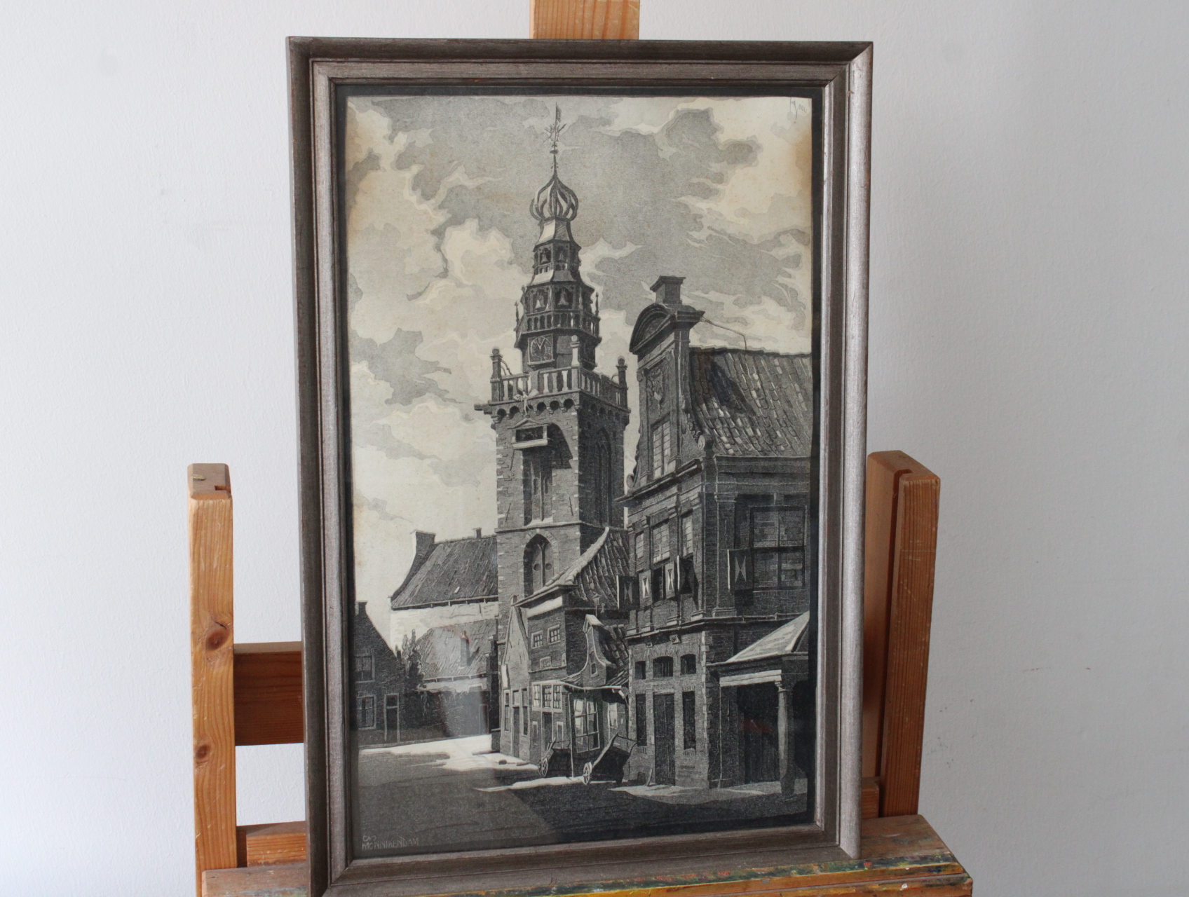 Ingelijste zwart-wit stadsgezicht tekening – kavel bij GSD Auctions, Zoeterwoude