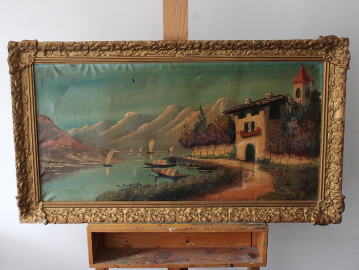 Schilderij met landschap en boten in goudkleurige lijst – foto 2 – kavel bij GSD Auctions, Zoeterwoude