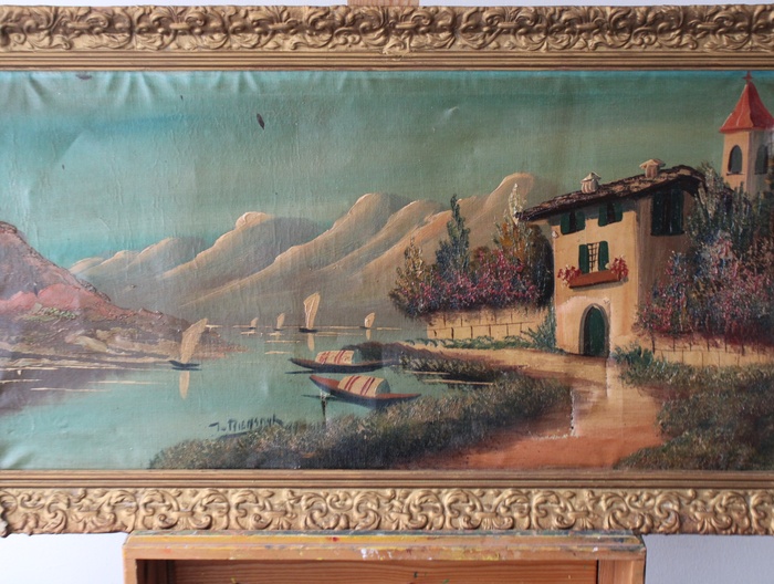 Schilderij met landschap en boten in goudkleurige lijst – foto 3 – kavel bij GSD Auctions, Zoeterwoude