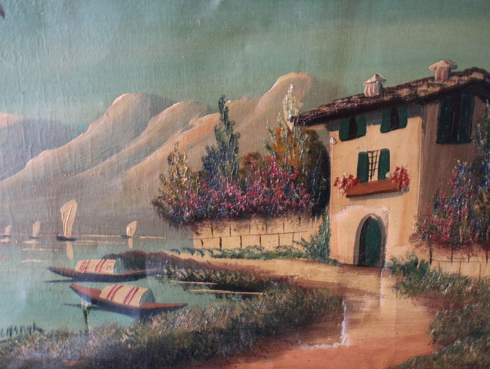 Schilderij met landschap en boten in goudkleurige lijst – foto 9 – kavel bij GSD Auctions, Zoeterwoude