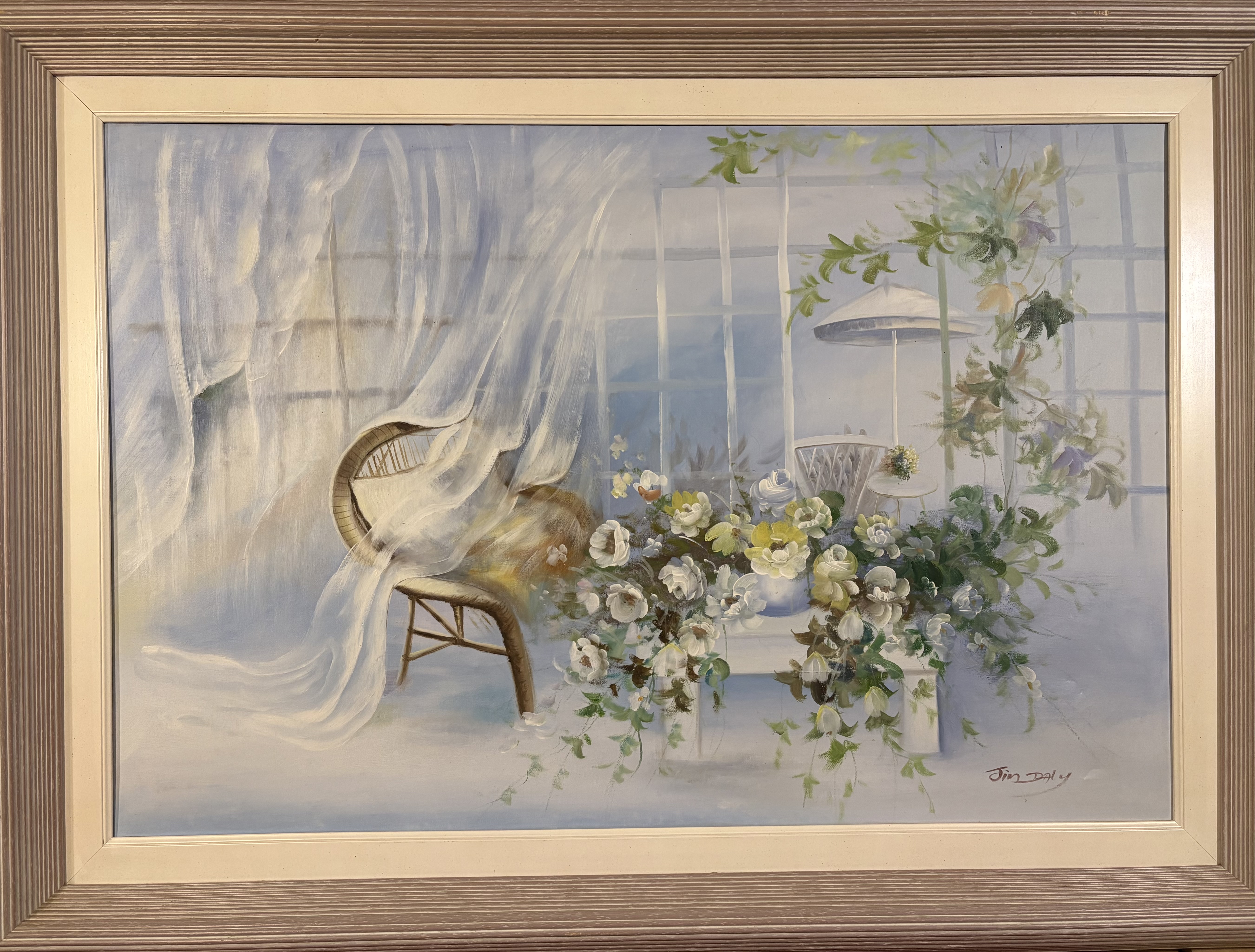 Schilderij met bloemen en stoel geschilderd Tim Daly – foto 6 – kavel bij GSD Auctions, Zoeterwoude