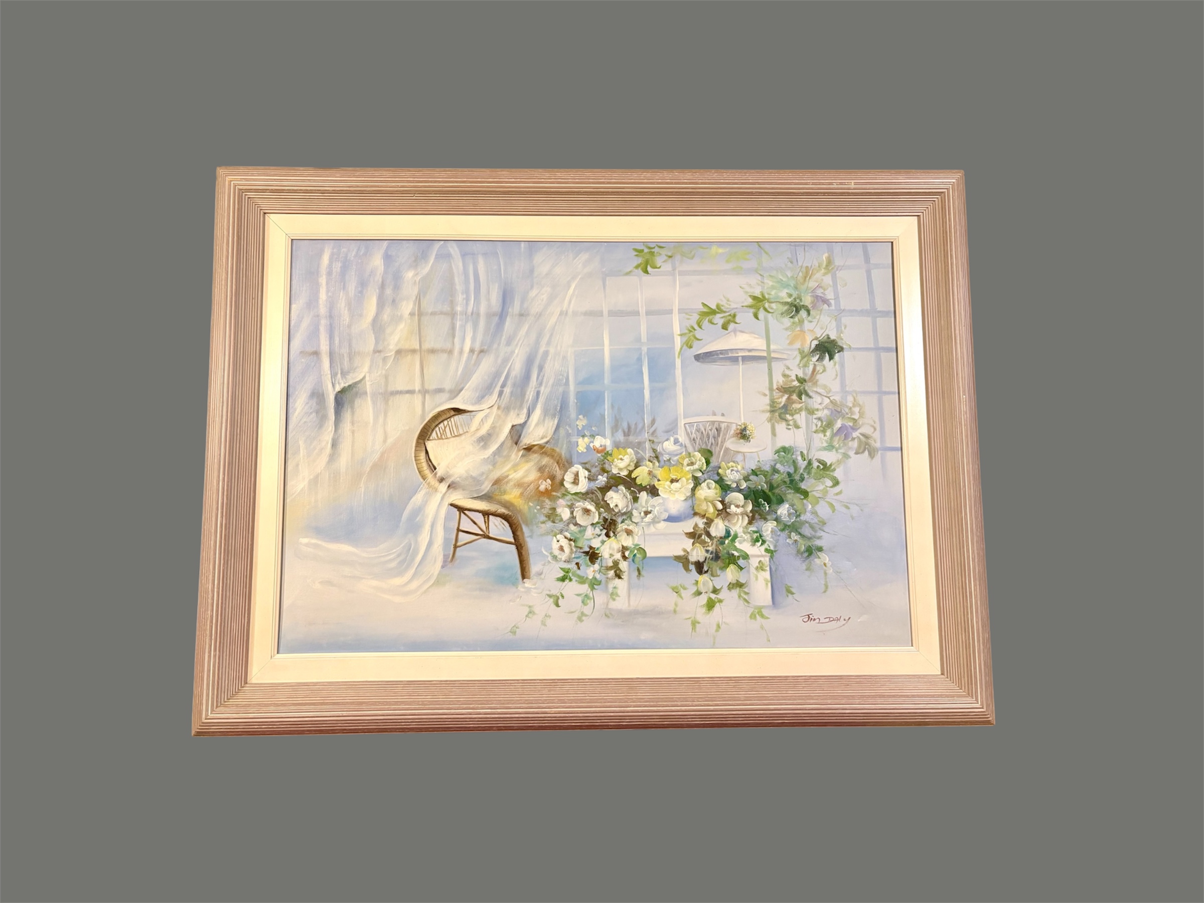 Schilderij met bloemen en stoel geschilderd Tim Daly – foto 2 – kavel bij GSD Auctions, Zoeterwoude