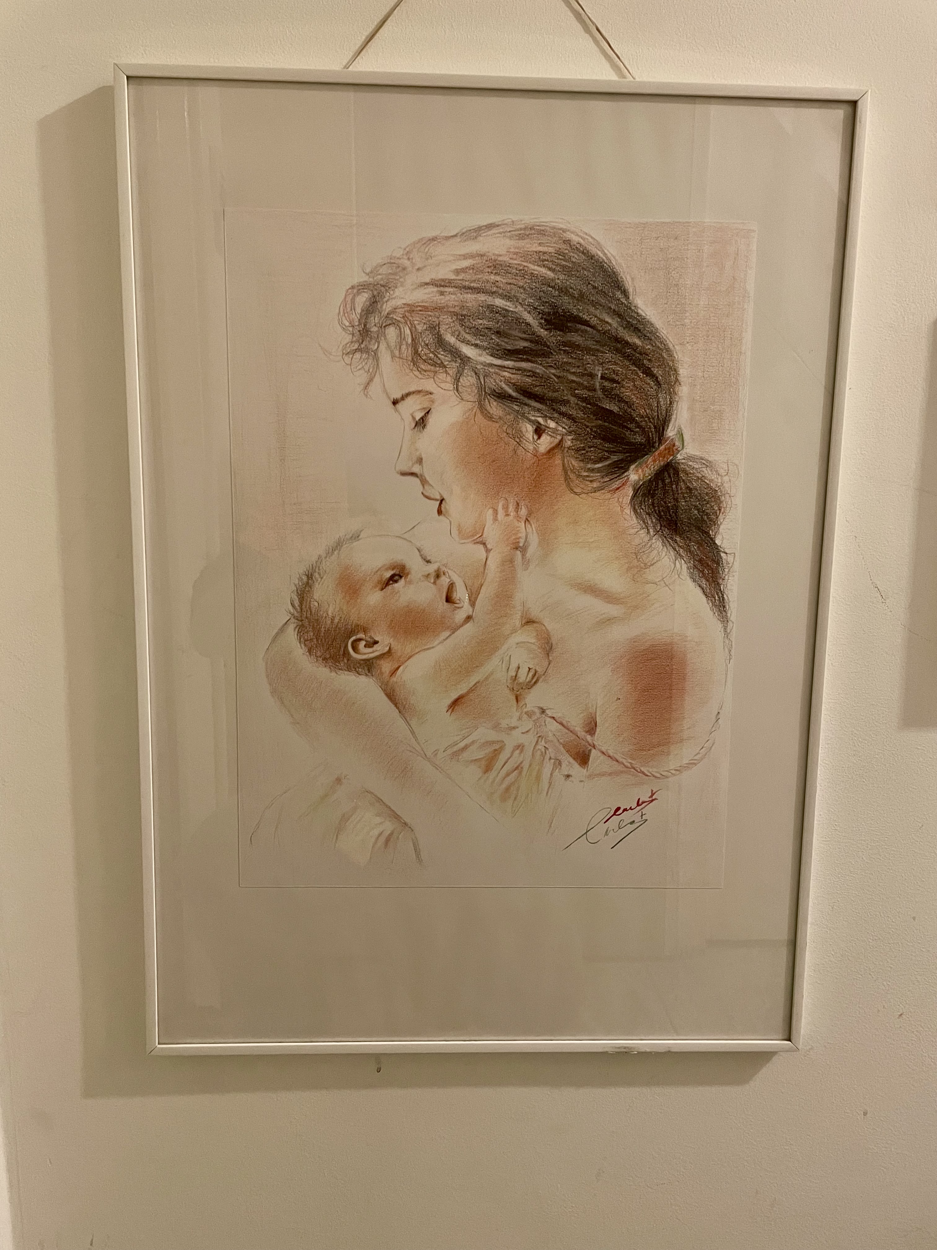 Moeder met kind, mooie schilderij met acryl potlood op canvas papier – foto 2 – kavel bij GSD Auctions, Zoeterwoude