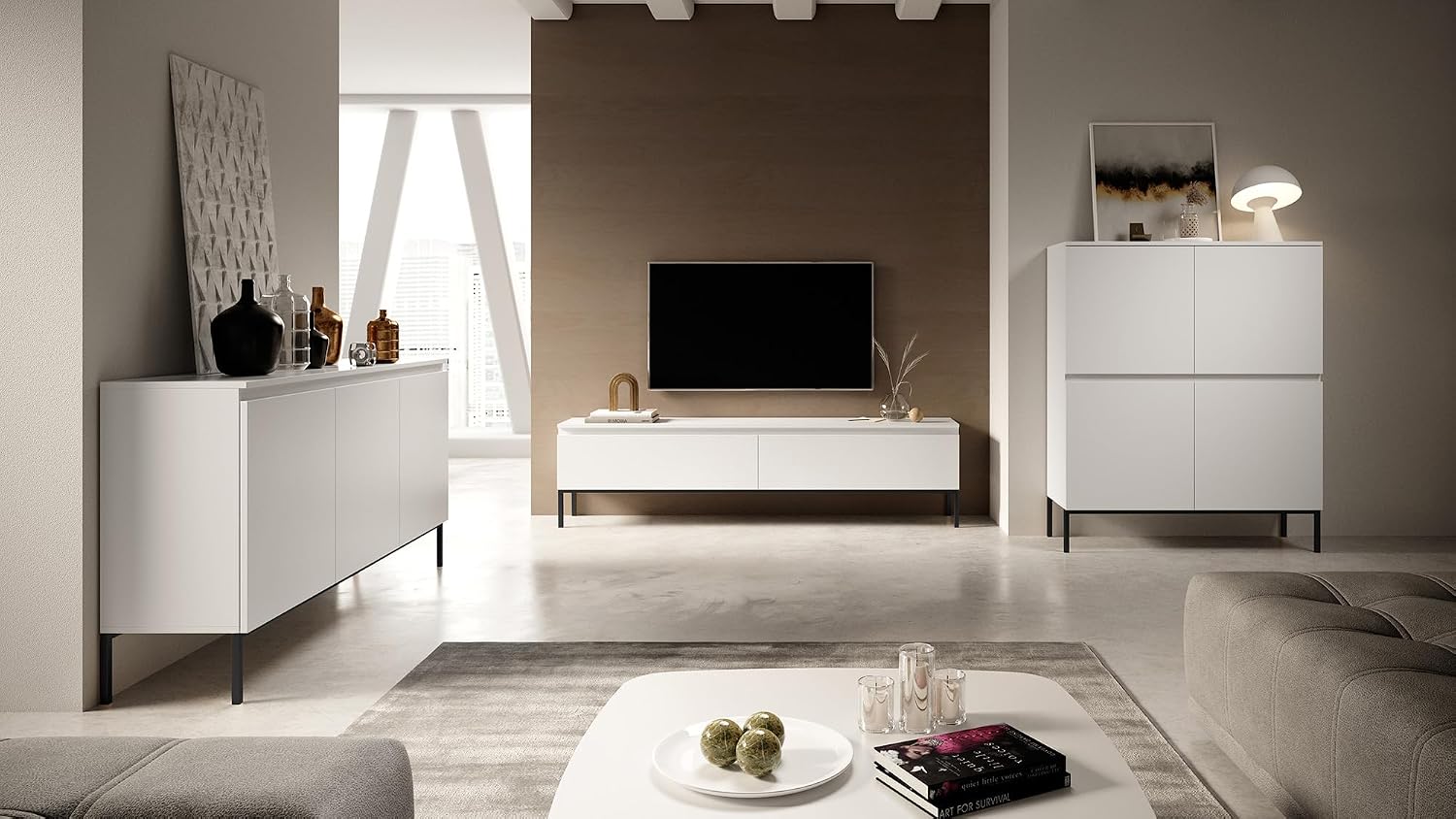 Selsey TV Meubel 150 cm in Wit met zwarte metalen poten – foto 3 – kavel bij GSD Auctions, Zoeterwoude