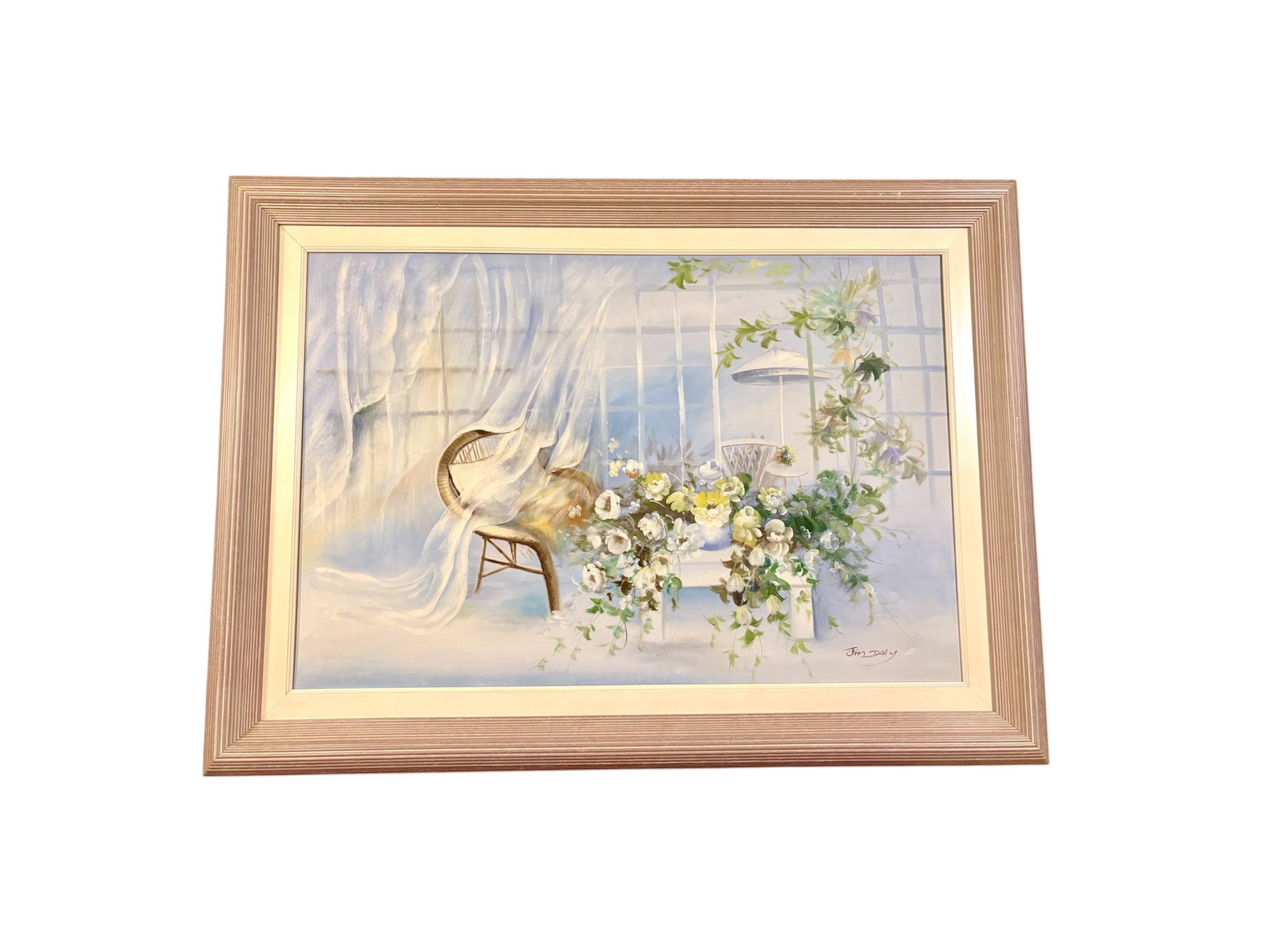Schilderij met bloemen en stoel geschilderd Tim Daly – kavel bij GSD Auctions, Zoeterwoude