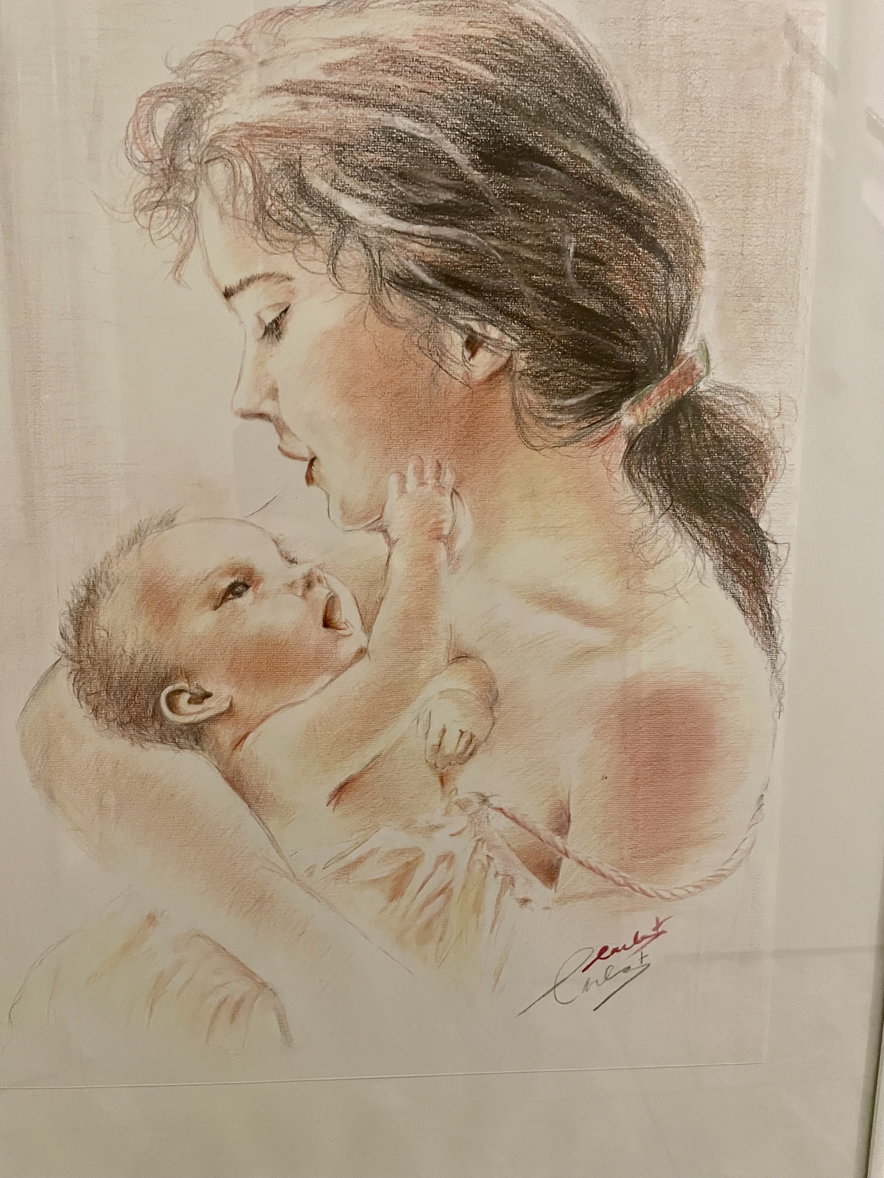 Moeder met kind, mooie schilderij met acryl potlood op canvas papier – foto 3 – kavel bij GSD Auctions, Zoeterwoude