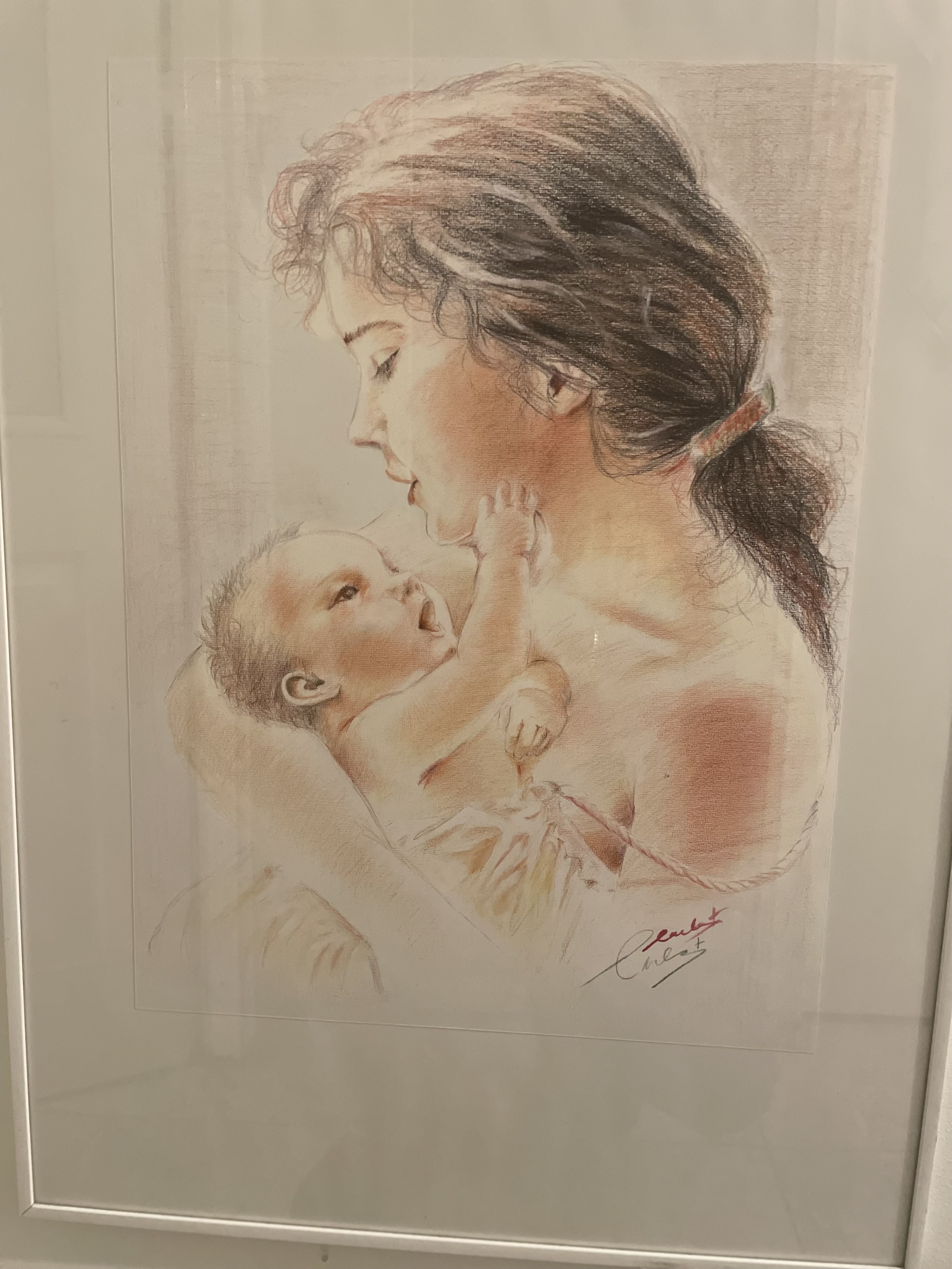 Moeder met kind, mooie schilderij met acryl potlood op canvas papier – foto 7 – kavel bij GSD Auctions, Zoeterwoude