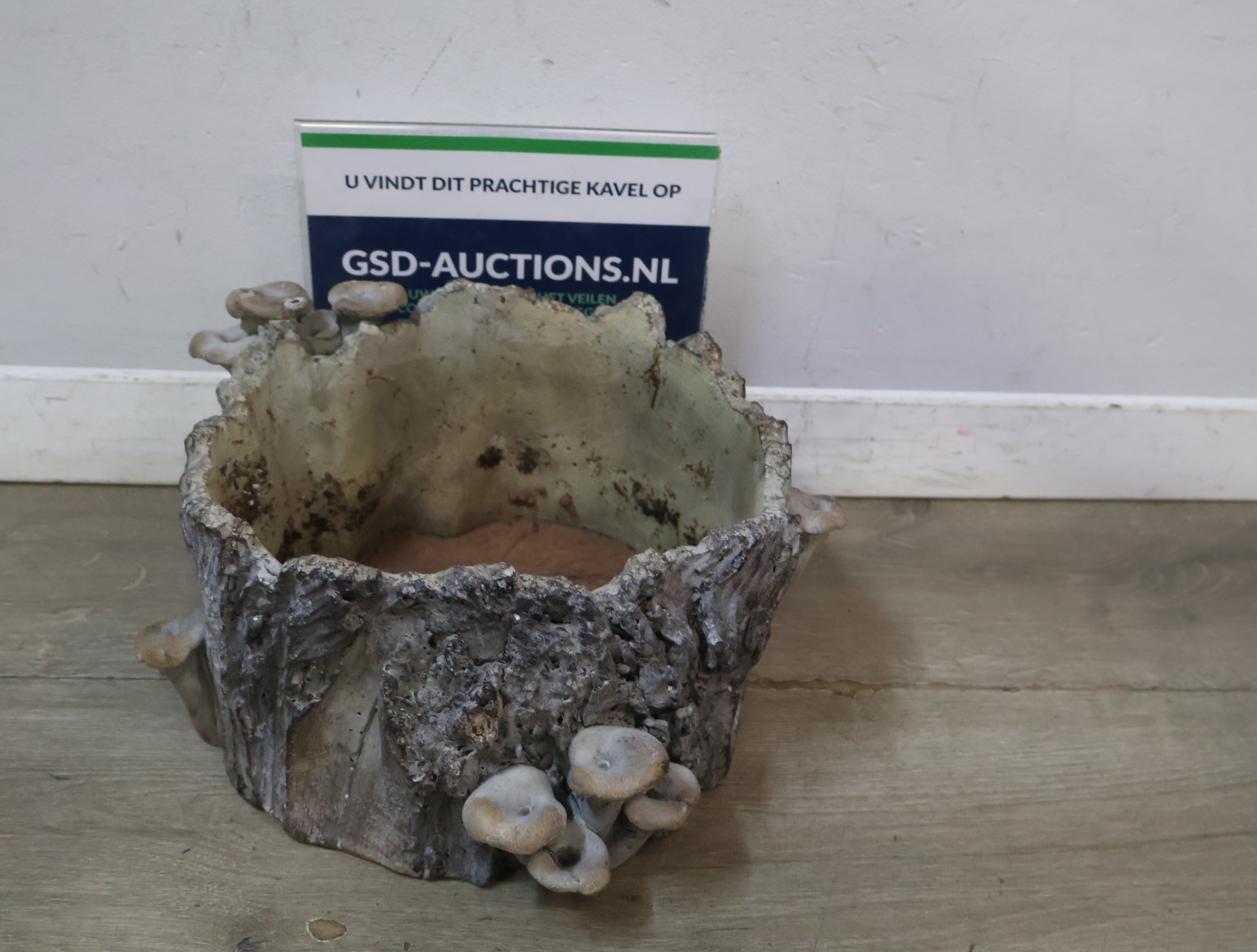 Decoratieve plantenbak boomstronk met paddenstoelen – foto 2 – kavel bij GSD Auctions, Zoeterwoude