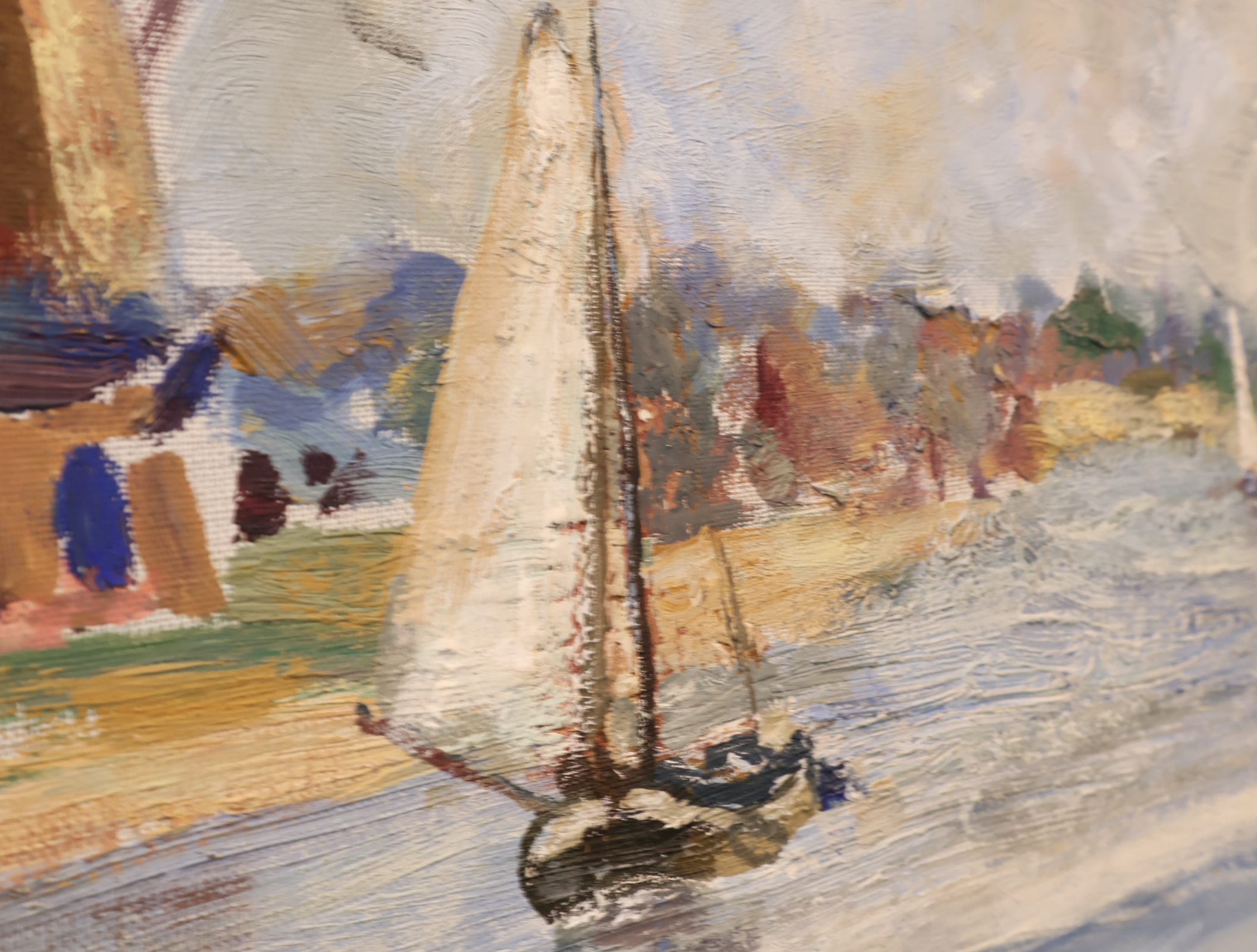 Olieverfschilderij landschap met molen en zeilboot – foto 3 – kavel bij GSD Auctions, Zoeterwoude