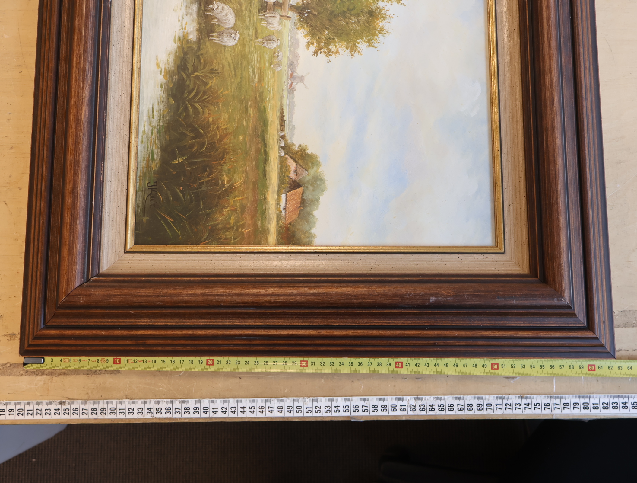 Olieverfschilderij landschap met schapen en molen – foto 5 – kavel bij GSD Auctions, Zoeterwoude
