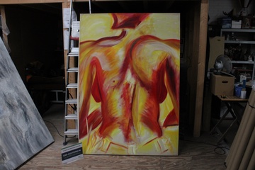 Afbeelding van Abstract schilderij met menselijke rug in rood en geel
